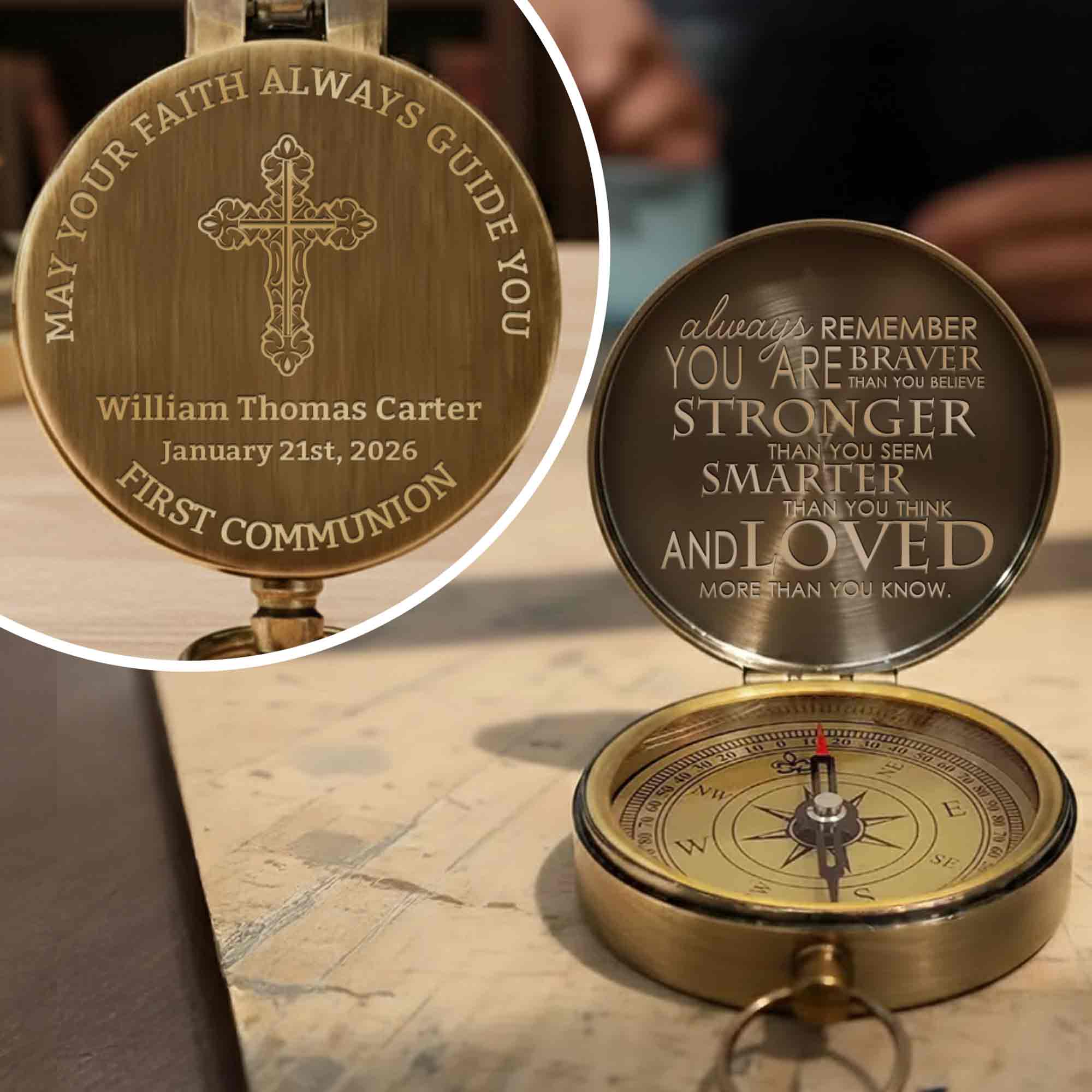 May Your Faith Always Guide You First Communion Cross Design - Personalized Engraved Brass Compass - KID402_ECPASS - Image 2