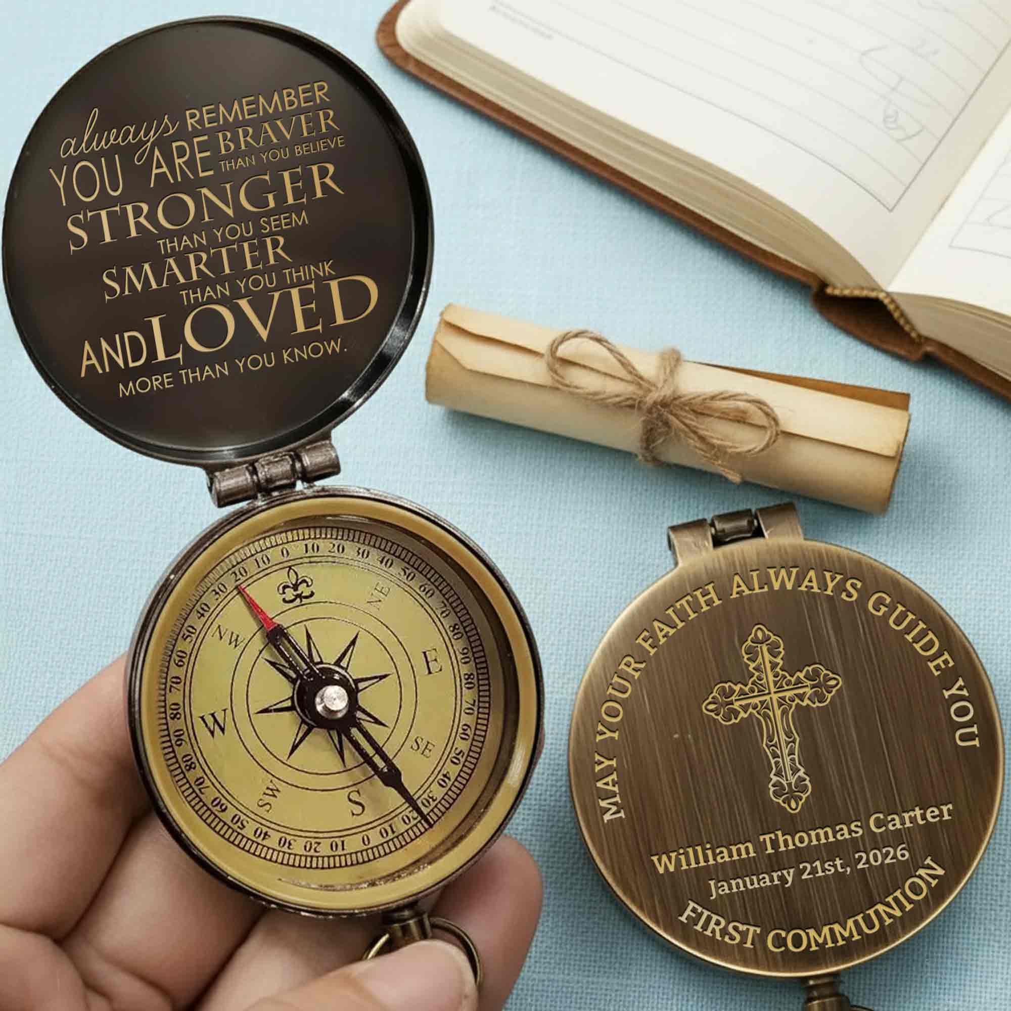 May Your Faith Always Guide You First Communion Cross Design - Personalized Engraved Brass Compass - KID402_ECPASS - Image 3
