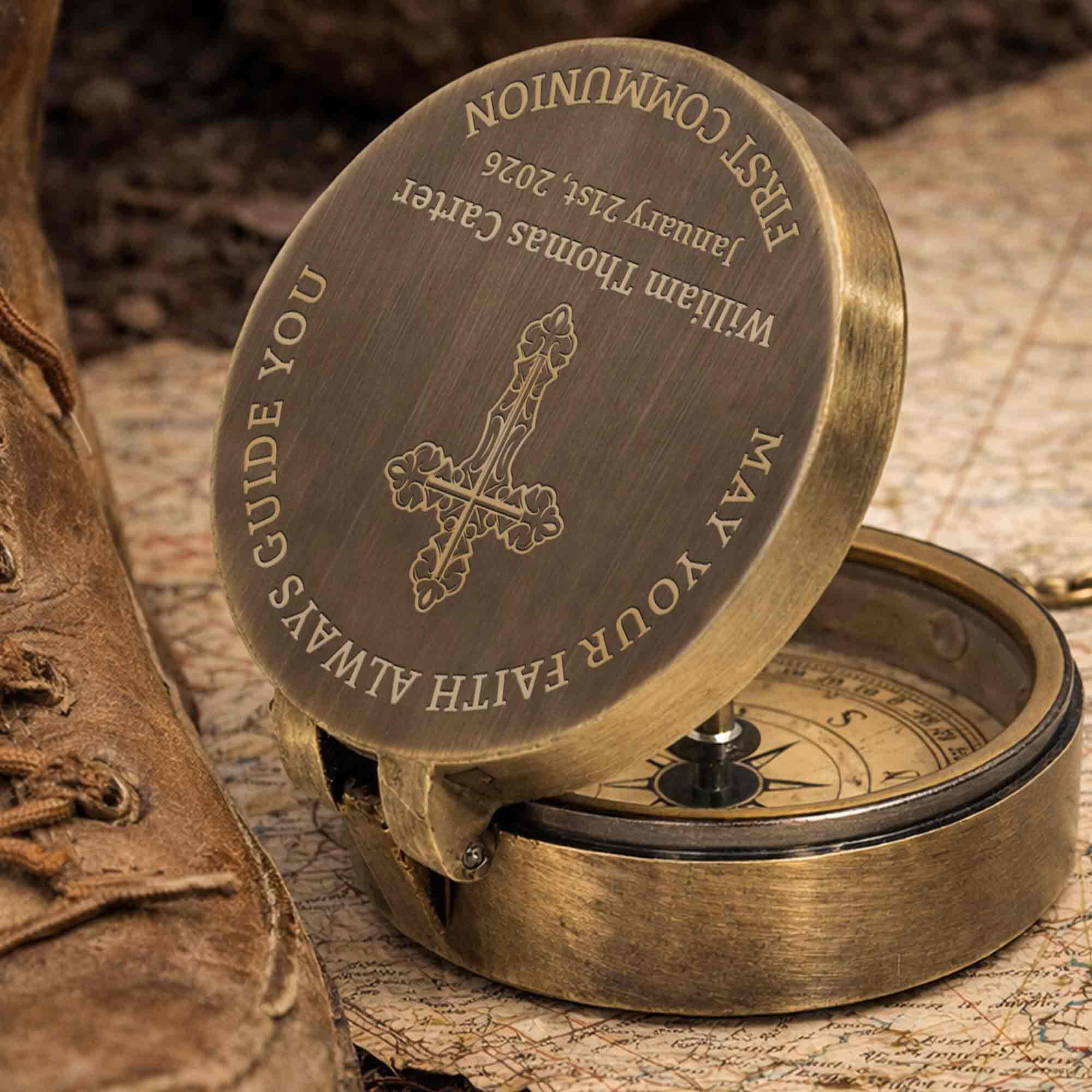 May Your Faith Always Guide You First Communion Cross Design - Personalized Engraved Brass Compass - KID402_ECPASS - Image 5