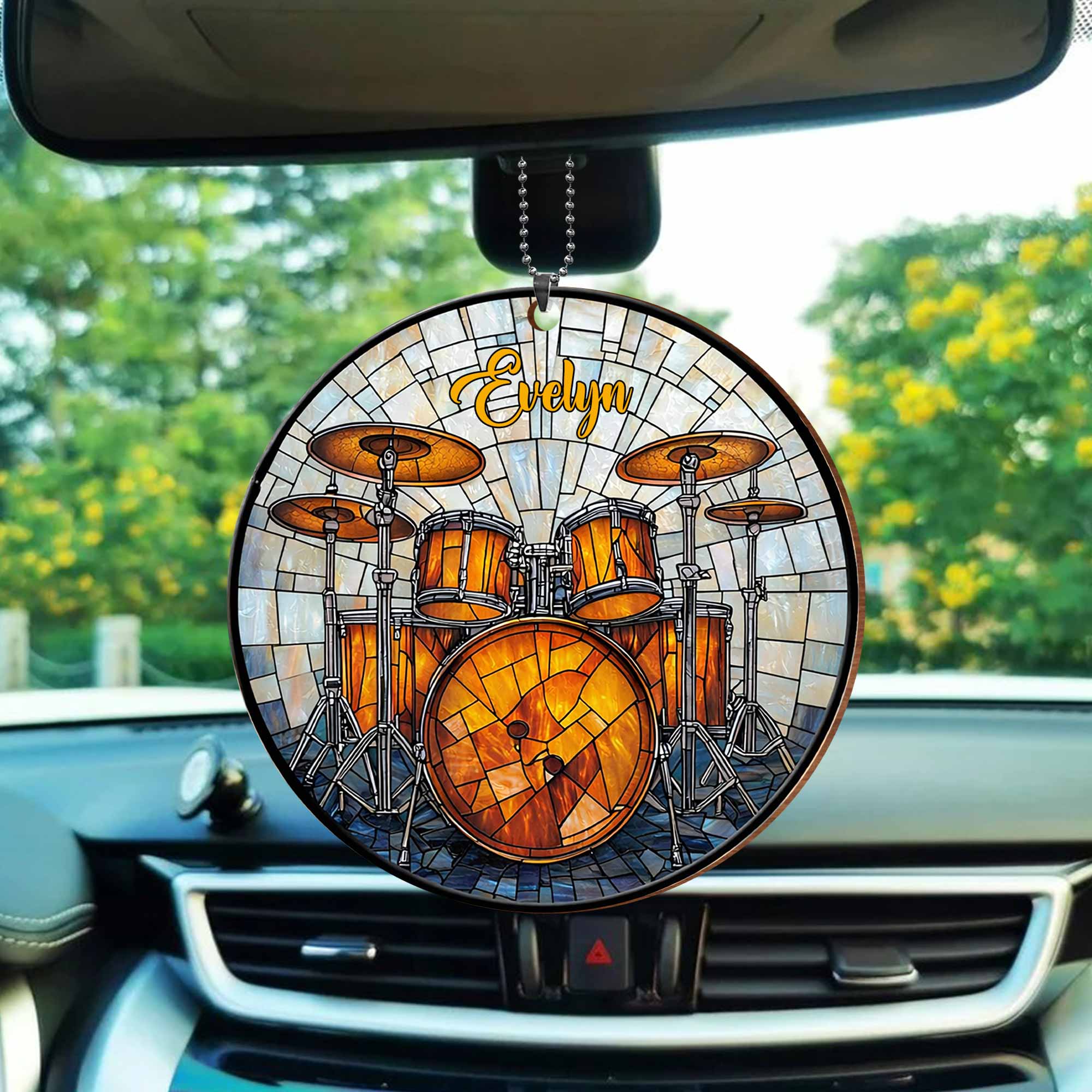 Music Is The Heartbeat Of The Soul Drum Set Stained Glass Style - Personalized Custom Wood Ornament, Car Hanging Ornament - MUSIC006_WCA - Image 3