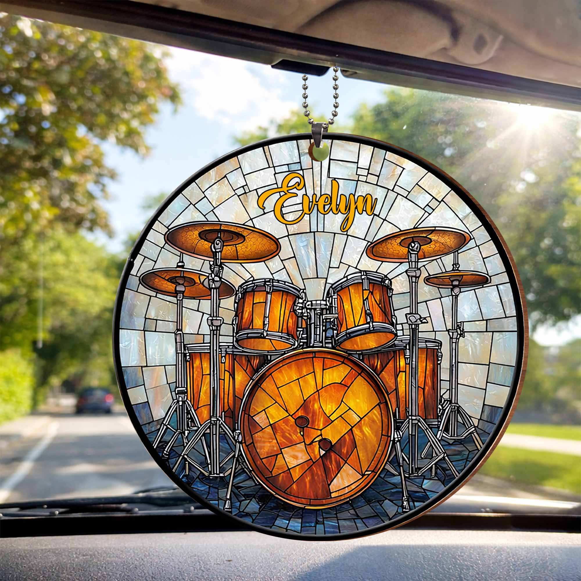 Music Is The Heartbeat Of The Soul Drum Set Stained Glass Style - Personalized Custom Wood Ornament, Car Hanging Ornament - MUSIC006_WCA - Image 4