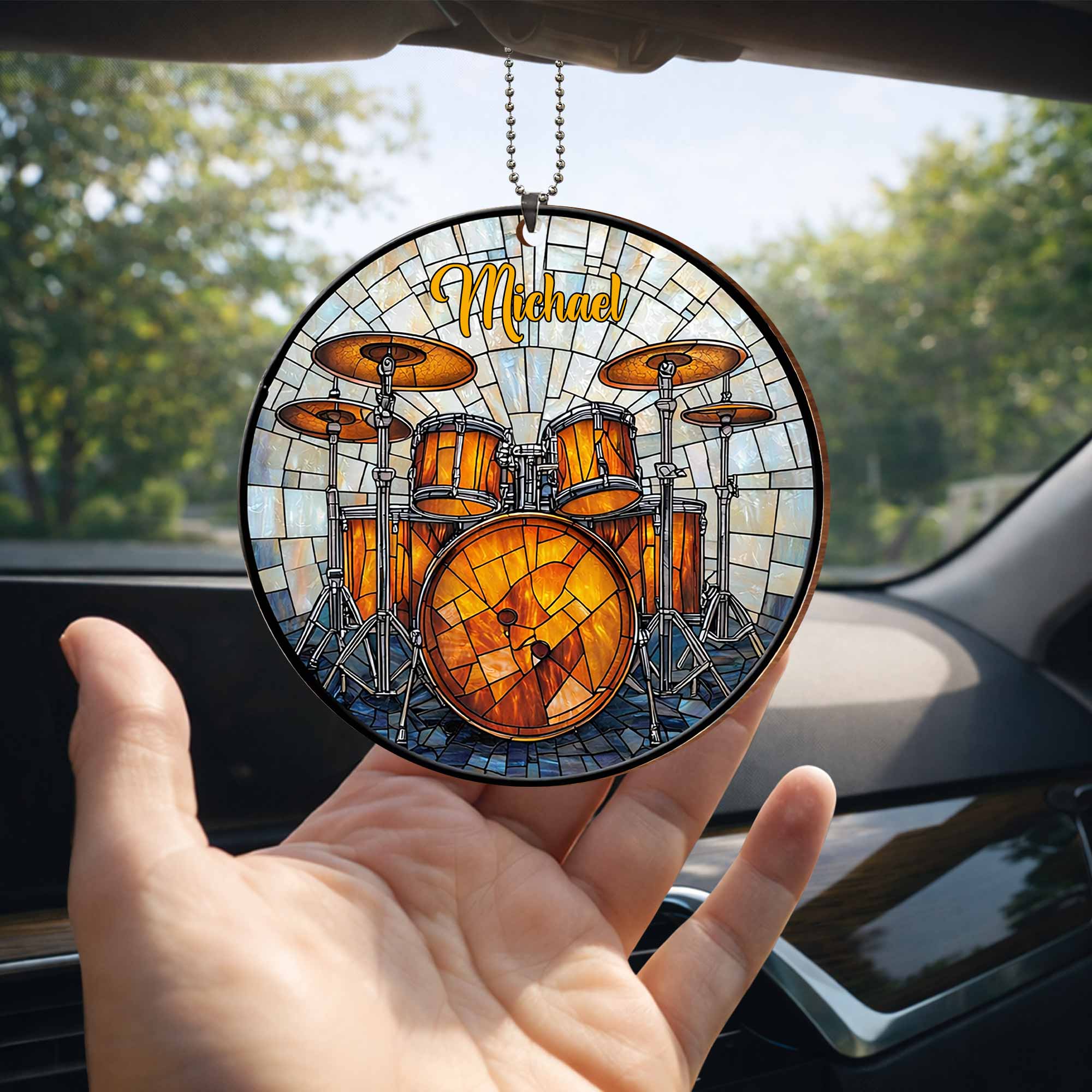 Music Is The Heartbeat Of The Soul Drum Set Stained Glass Style - Personalized Custom Wood Ornament, Car Hanging Ornament - MUSIC006_WCA - Image 9
