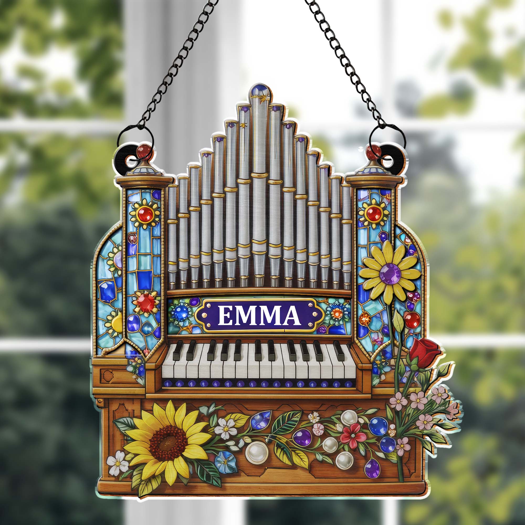 Music Is The Language Of The Soul Pipe Organ And Flowers - Personalized Custom Suncatcher - MUSIC042_CSUN