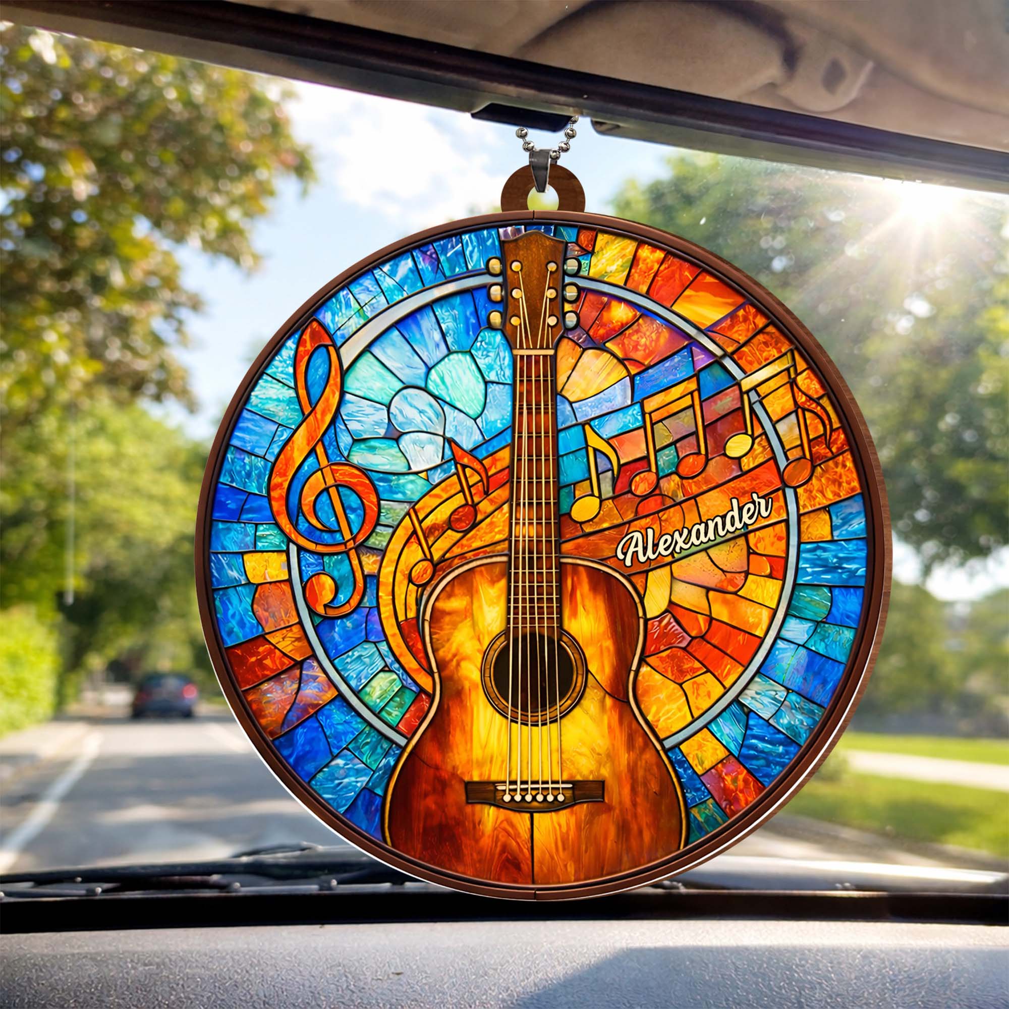 Music Is The Language Of The Soul Stained Glass Guitar And Music Notes - Personalized Custom Wood Ornament, Car Hanging Ornament - MUSIC048_WCA
