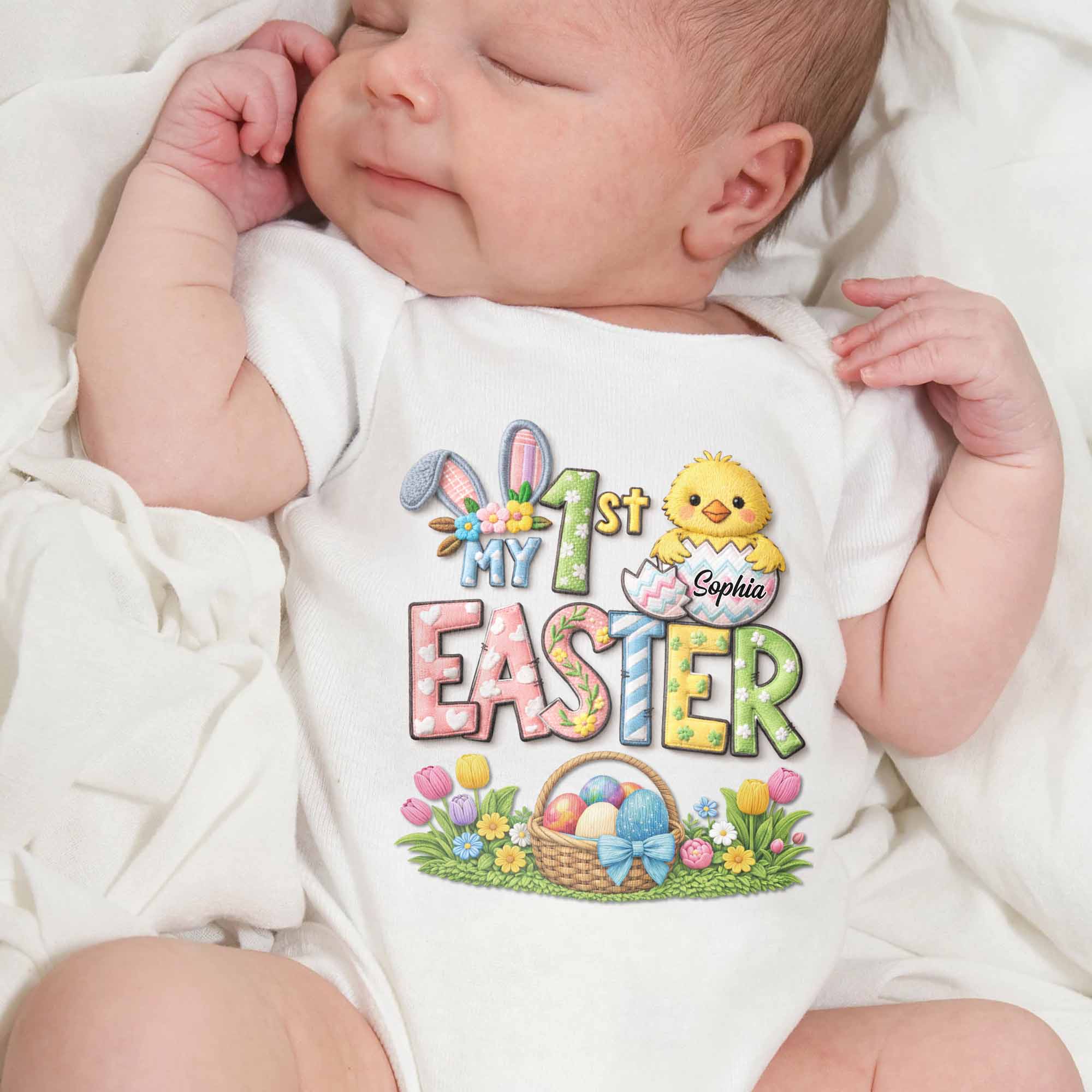 My 1st Easter With Cute Chick Bunny Ears And Egg Basket - Personalized Custom Baby Onesie - KID546_ONES