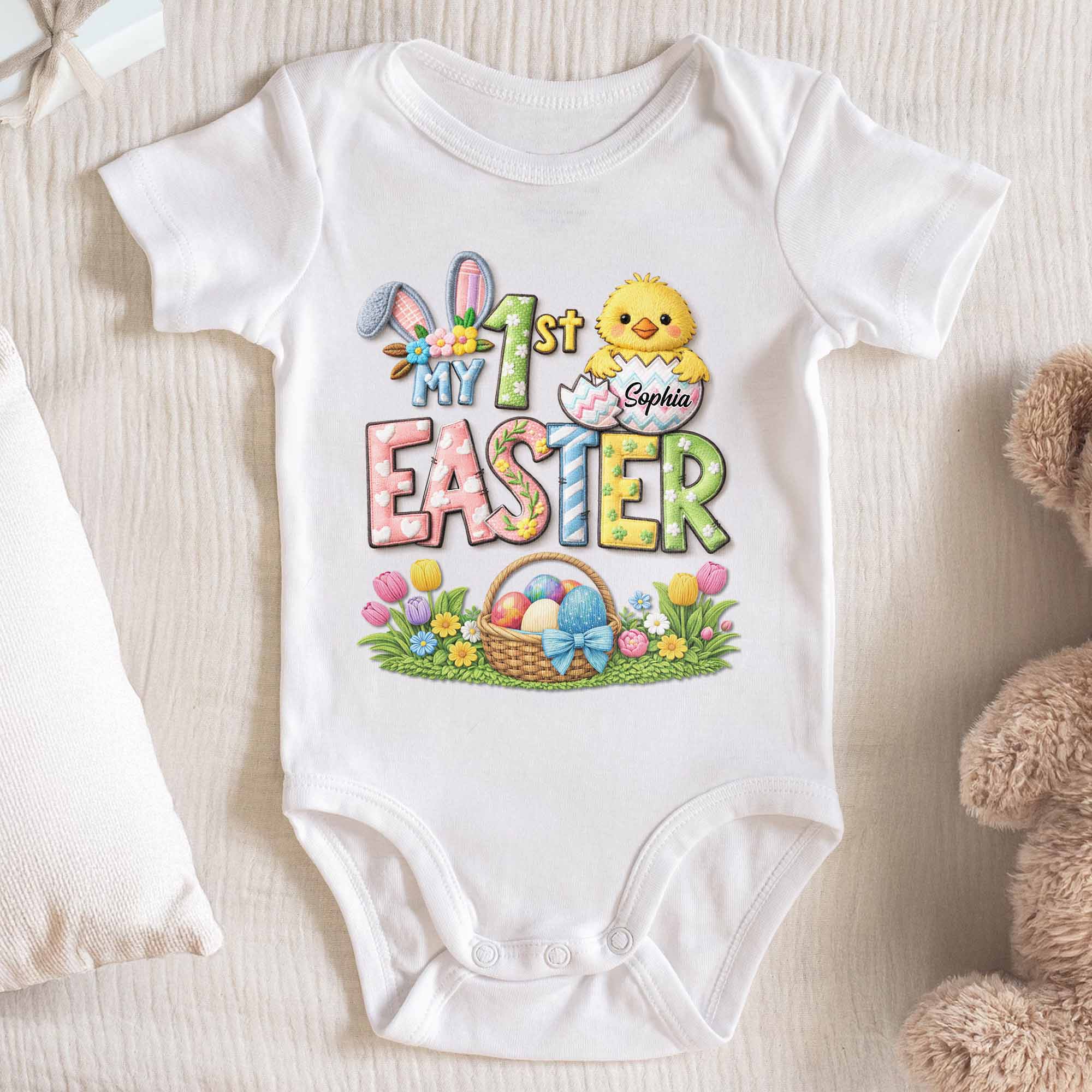 My 1st Easter With Cute Chick Bunny Ears And Egg Basket - Personalized Custom Baby Onesie - KID546_ONES - Image 2