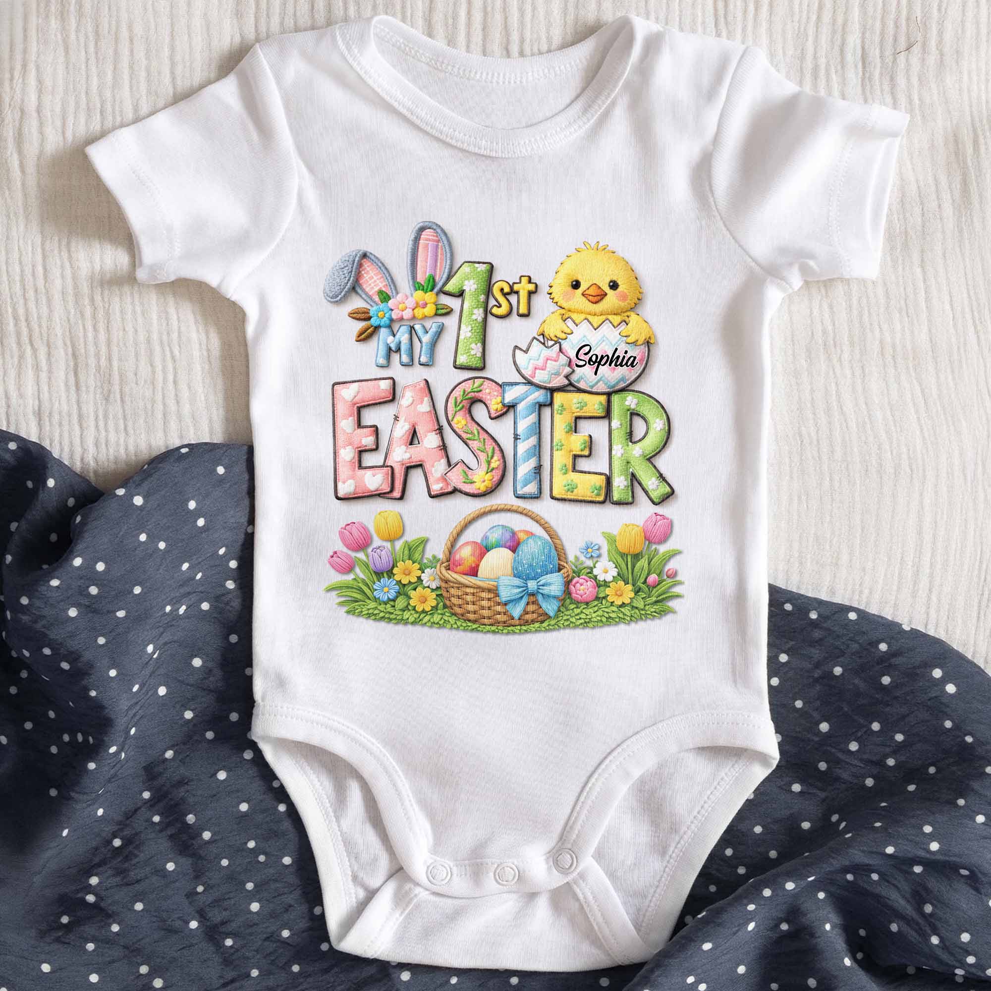 My 1st Easter With Cute Chick Bunny Ears And Egg Basket - Personalized Custom Baby Onesie - KID546_ONES - Image 3