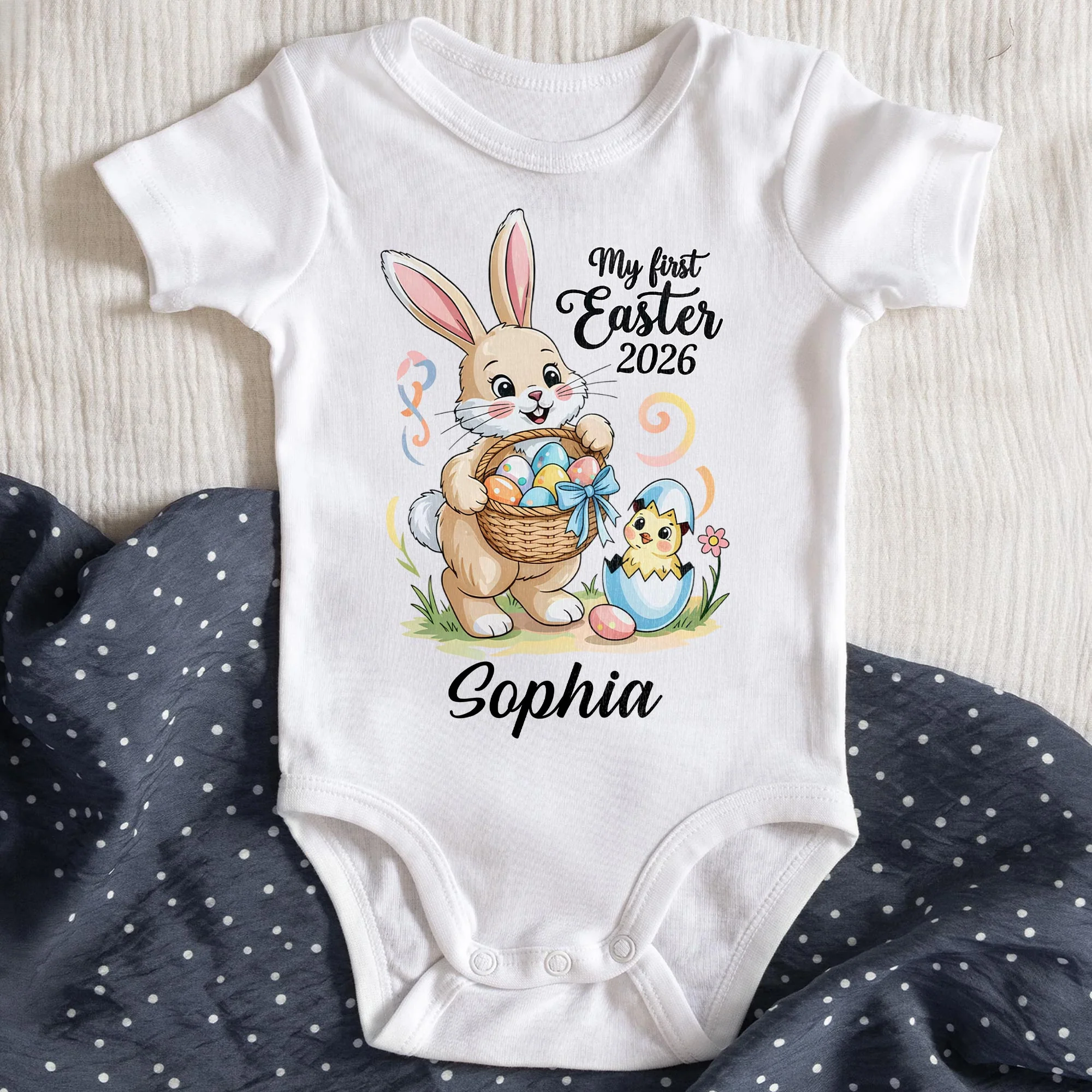 My First Easter Bunny With Basket And Chick Personalized Design - Personalized Custom Baby Onesie - KID543_ONES - Image 3