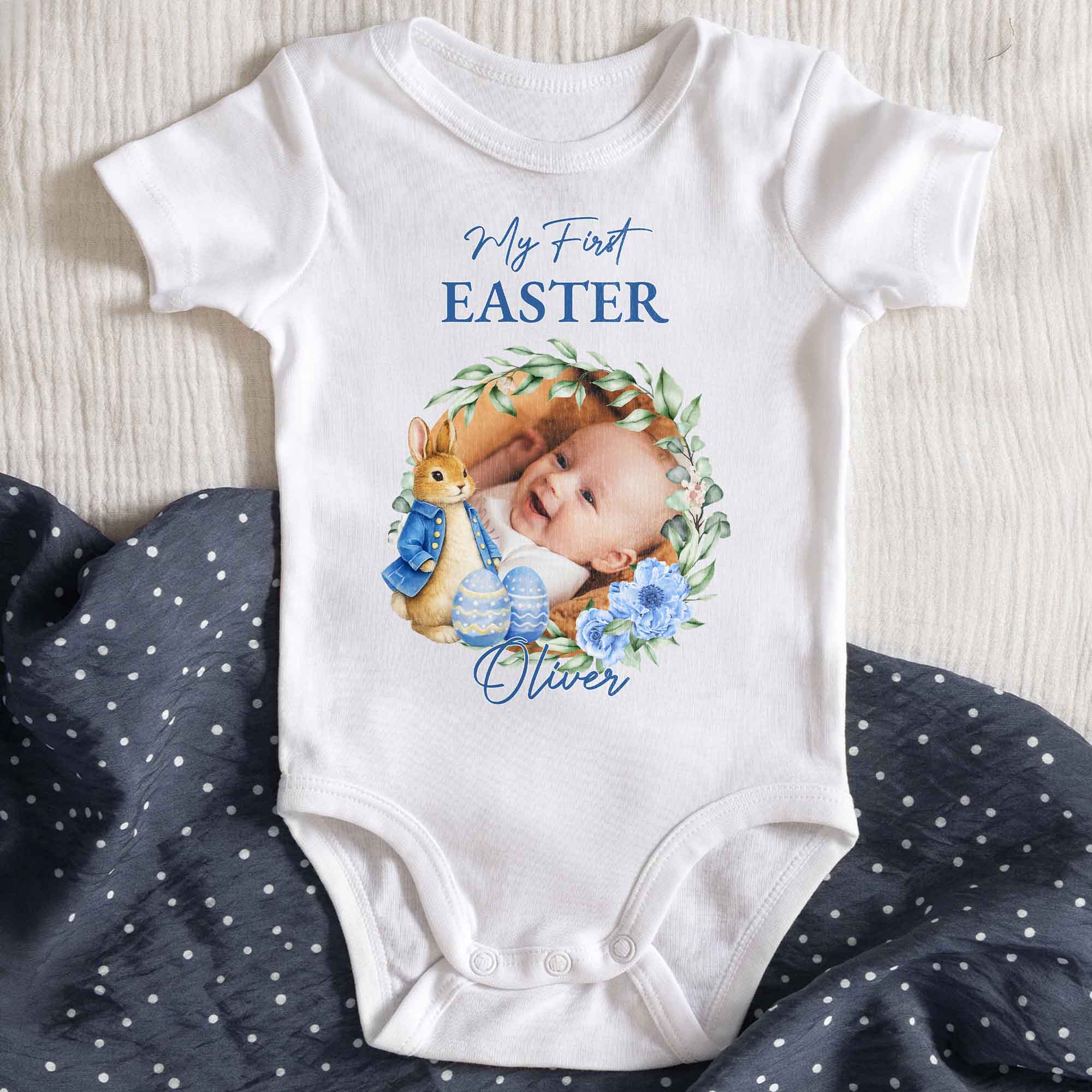 My First Easter Personalized Photo With Bunny And Floral Wreath - Personalized Custom Baby Onesie - KID584_ONES - Image 3