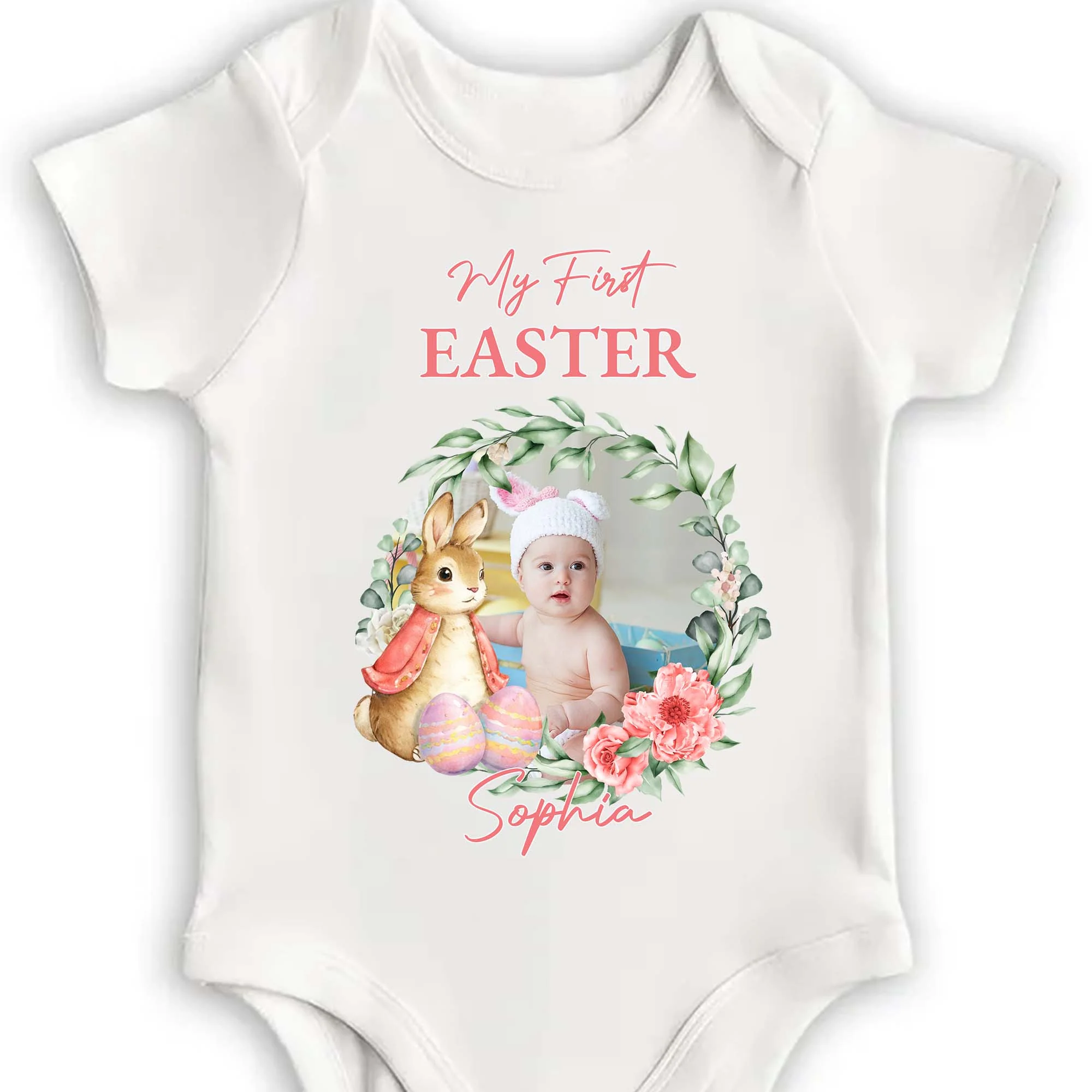 My First Easter Personalized Photo With Bunny And Floral Wreath - Personalized Custom Baby Onesie - KID584_ONES - Image 4