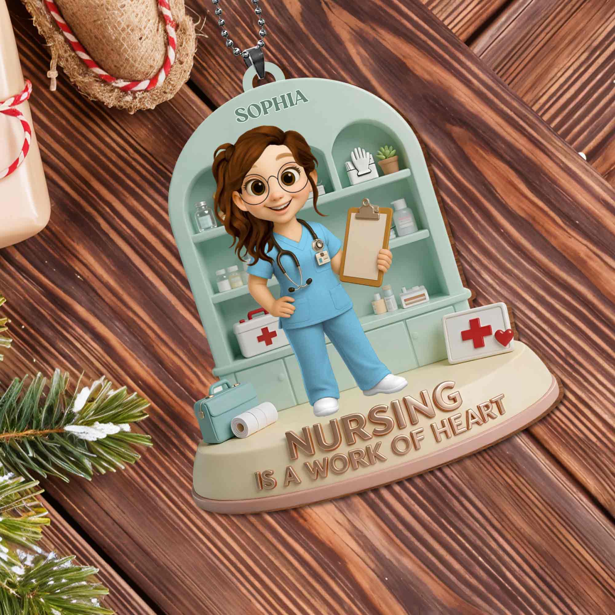 Nursing Is A Work Of Heart Custom Nurse With Medical Cabinet And Clipboard - Personalized Custom Wood Ornament, Car Hanging Ornament - NUR065_WCA - Image 10