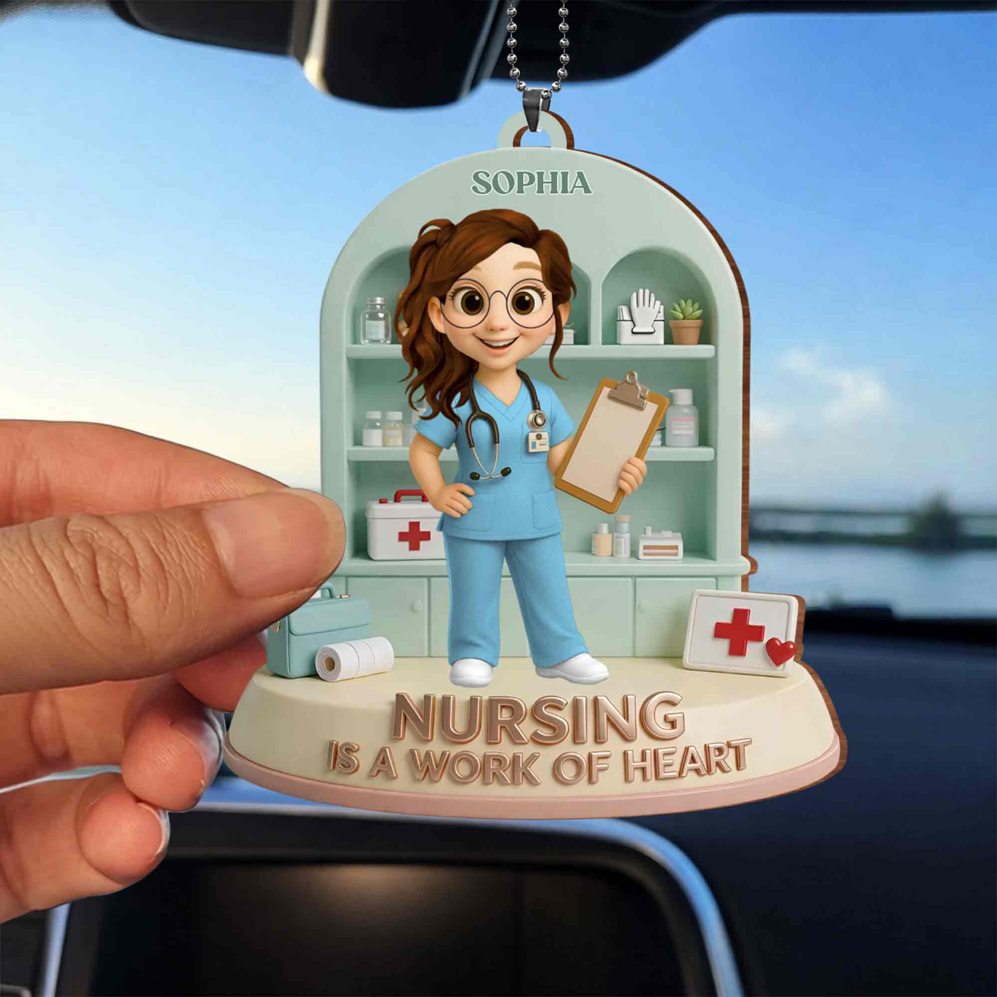 Nursing Is A Work Of Heart Custom Nurse With Medical Cabinet And Clipboard - Personalized Custom Wood Ornament, Car Hanging Ornament - NUR065_WCA - Image 3