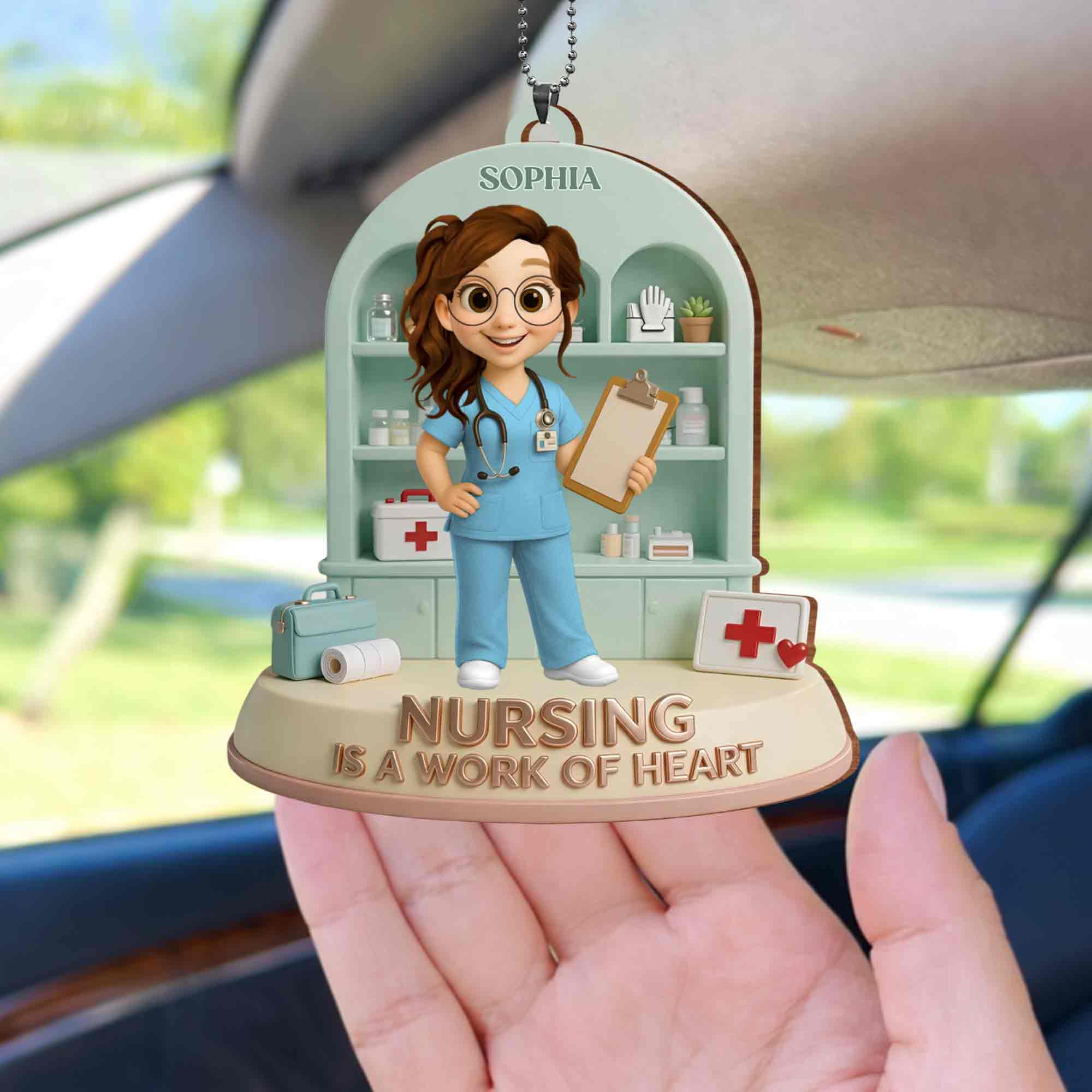 Nursing Is A Work Of Heart Custom Nurse With Medical Cabinet And Clipboard - Personalized Custom Wood Ornament, Car Hanging Ornament - NUR065_WCA - Image 9