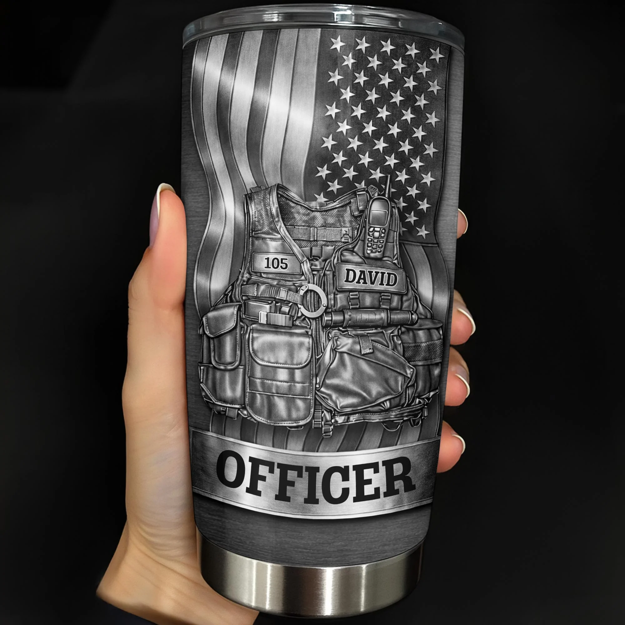 Officer Tactical Vest And American Flag Design - Personalized Custom Stainless Steel Tumbler 20oz 30oz - OFC056_TB
