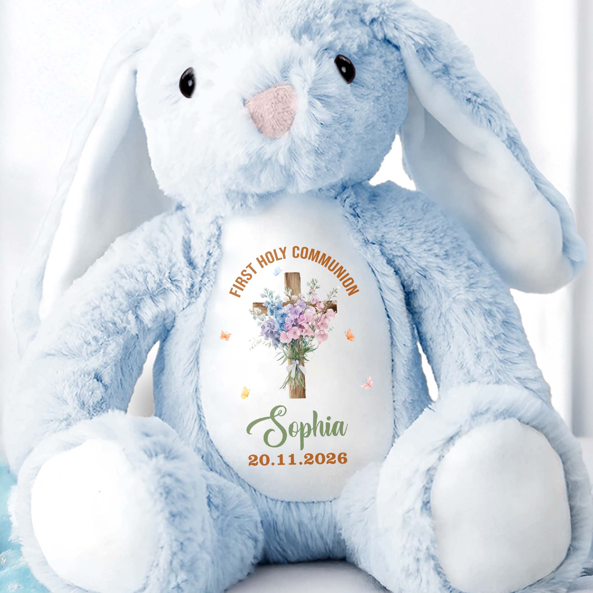 On Your Christening Day Cross And Purple Flowers Personalized Design - Personalized Stuffed Bunny - FTH132_BUN - Image 4