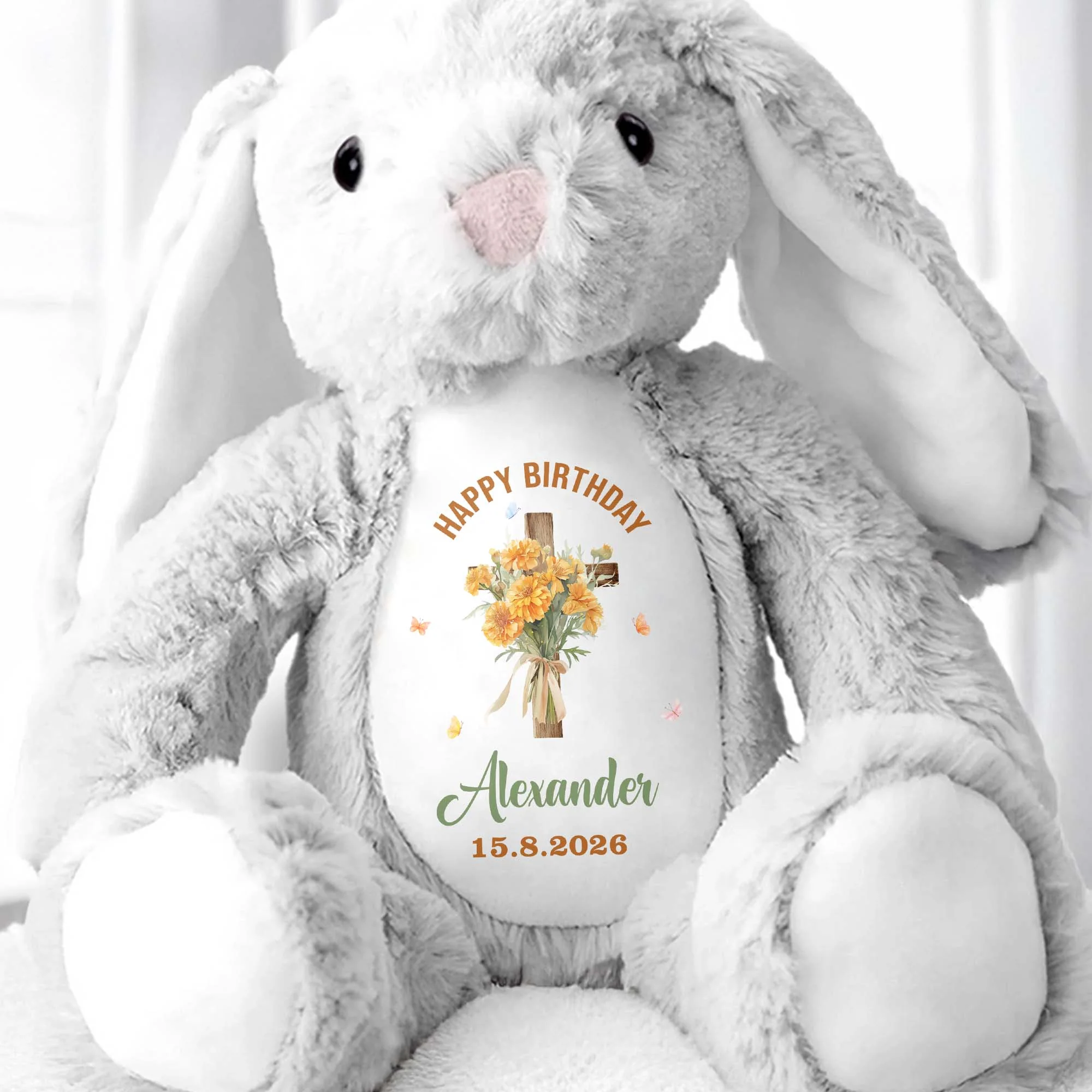 On Your Christening Day Cross And Purple Flowers Personalized Design - Personalized Stuffed Bunny - FTH132_BUN - Image 6