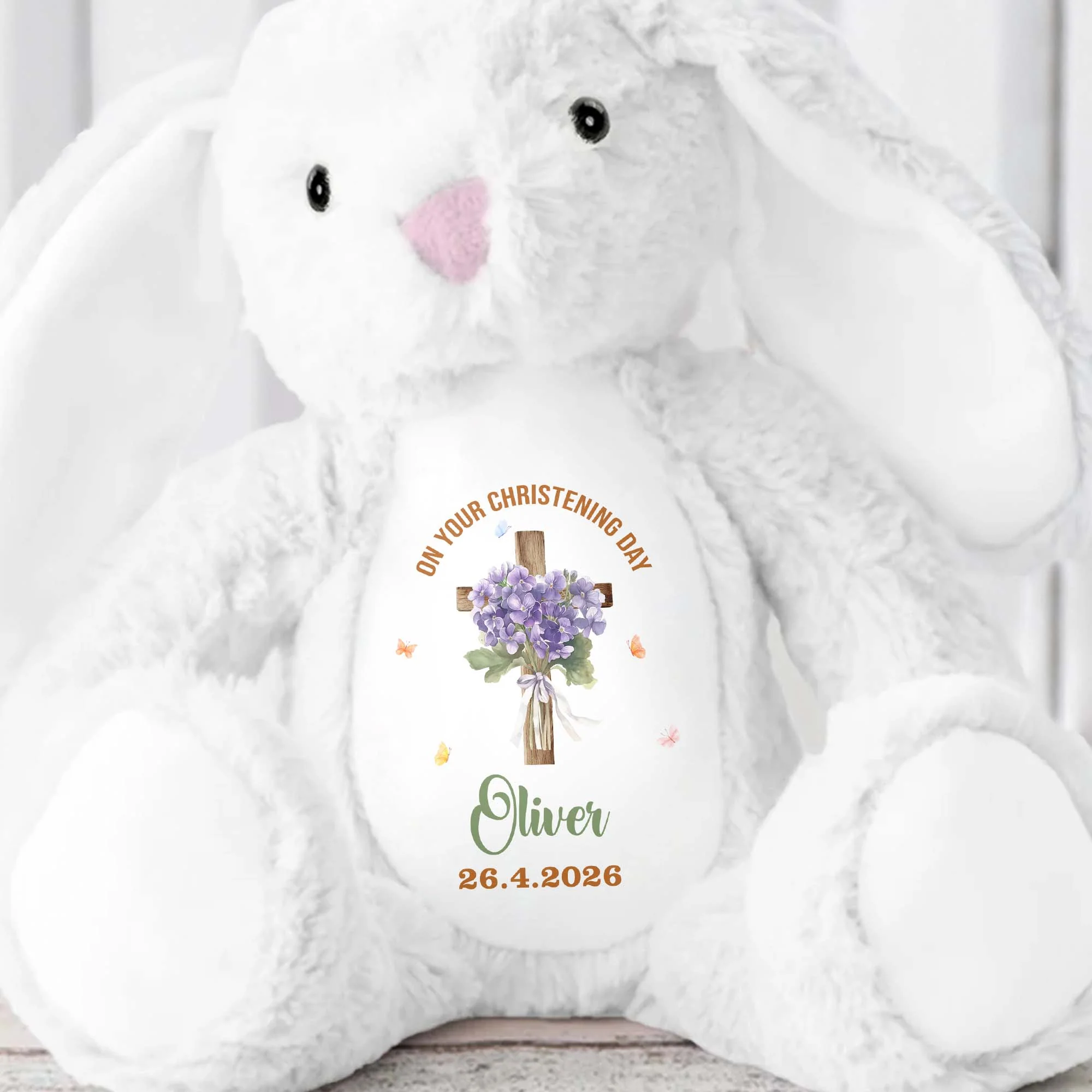 On Your Christening Day Cross And Purple Flowers Personalized Design - Personalized Stuffed Bunny - FTH132_BUN - Image 7