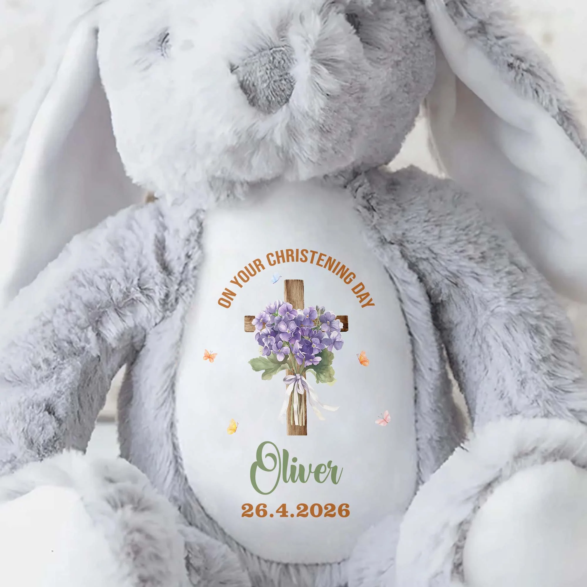 On Your Christening Day Cross And Purple Flowers Personalized Design - Personalized Stuffed Bunny - FTH132_BUN - Image 8