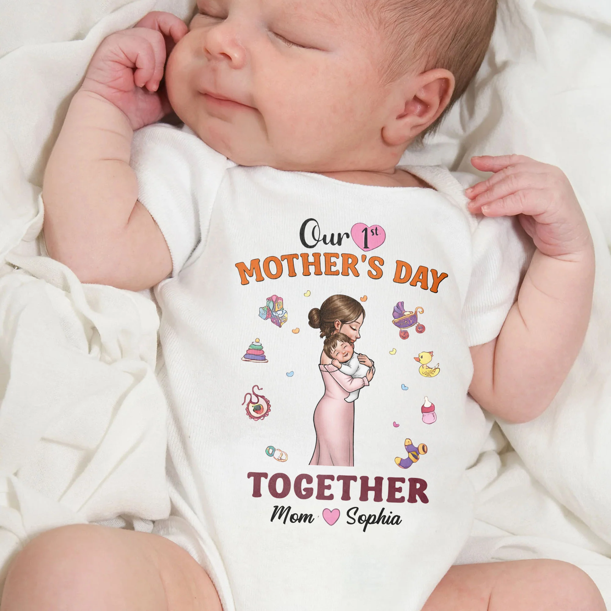 Our 1st Mother's Day Together Featuring Mother Hugging Baby And Toys - Personalized Custom Baby Onesie - KID564_ONES