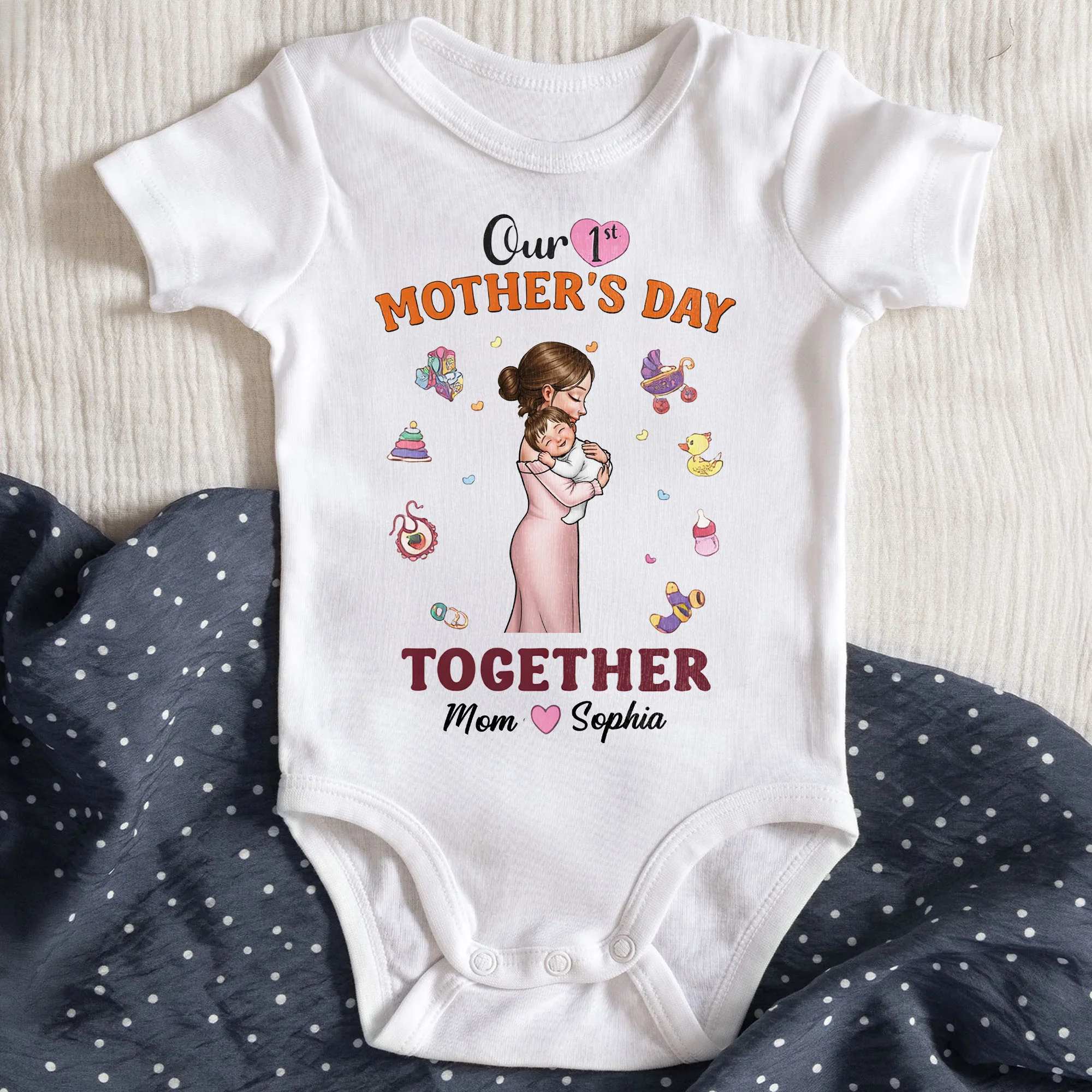 Our 1st Mother's Day Together Featuring Mother Hugging Baby And Toys - Personalized Custom Baby Onesie - KID564_ONES - Image 3