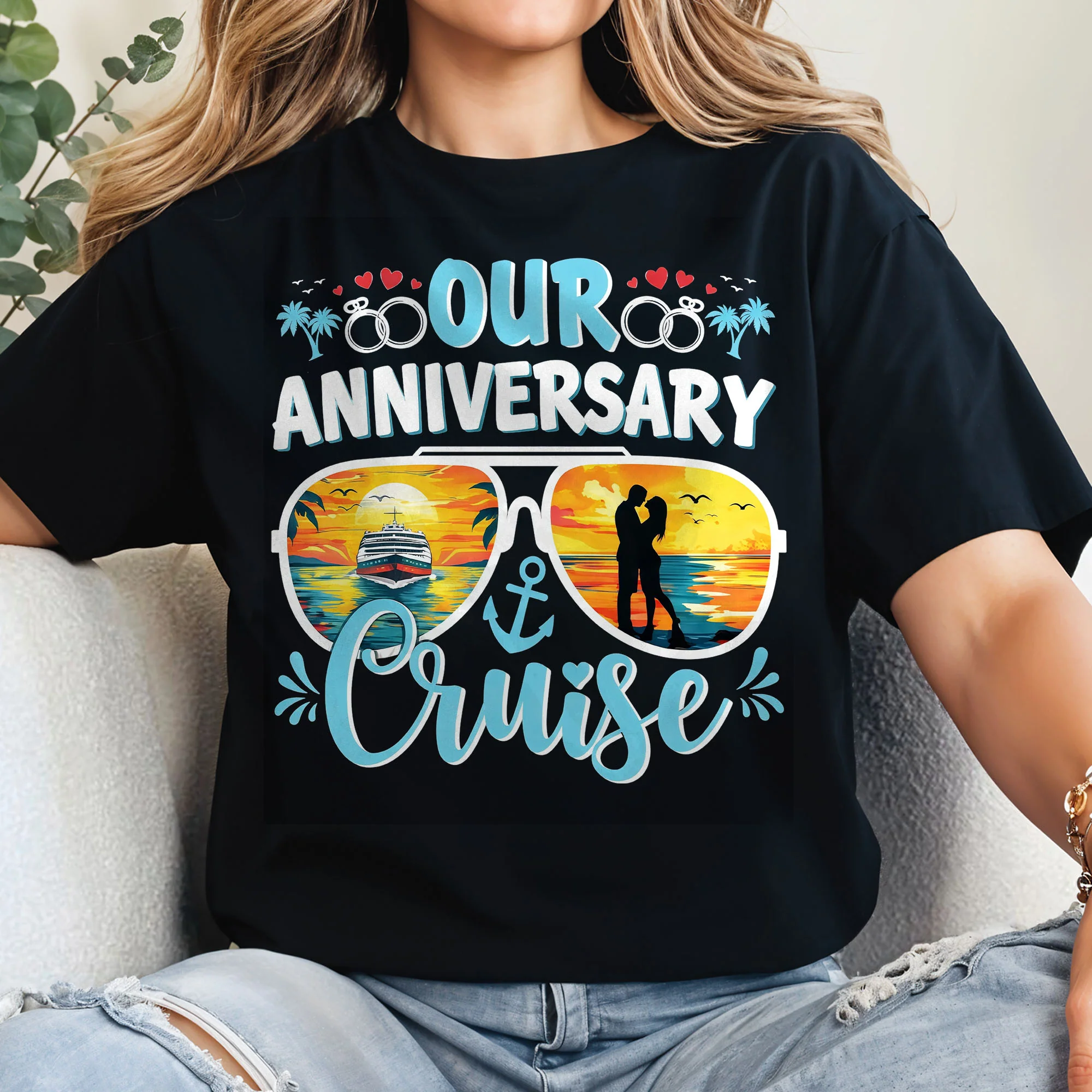 Our Anniversary Cruise Sunglasses Ship And Wedding Rings Design - Personalized Custom Unisex T-shirt, Hoodie - CPL1416_BBAS - Image 3