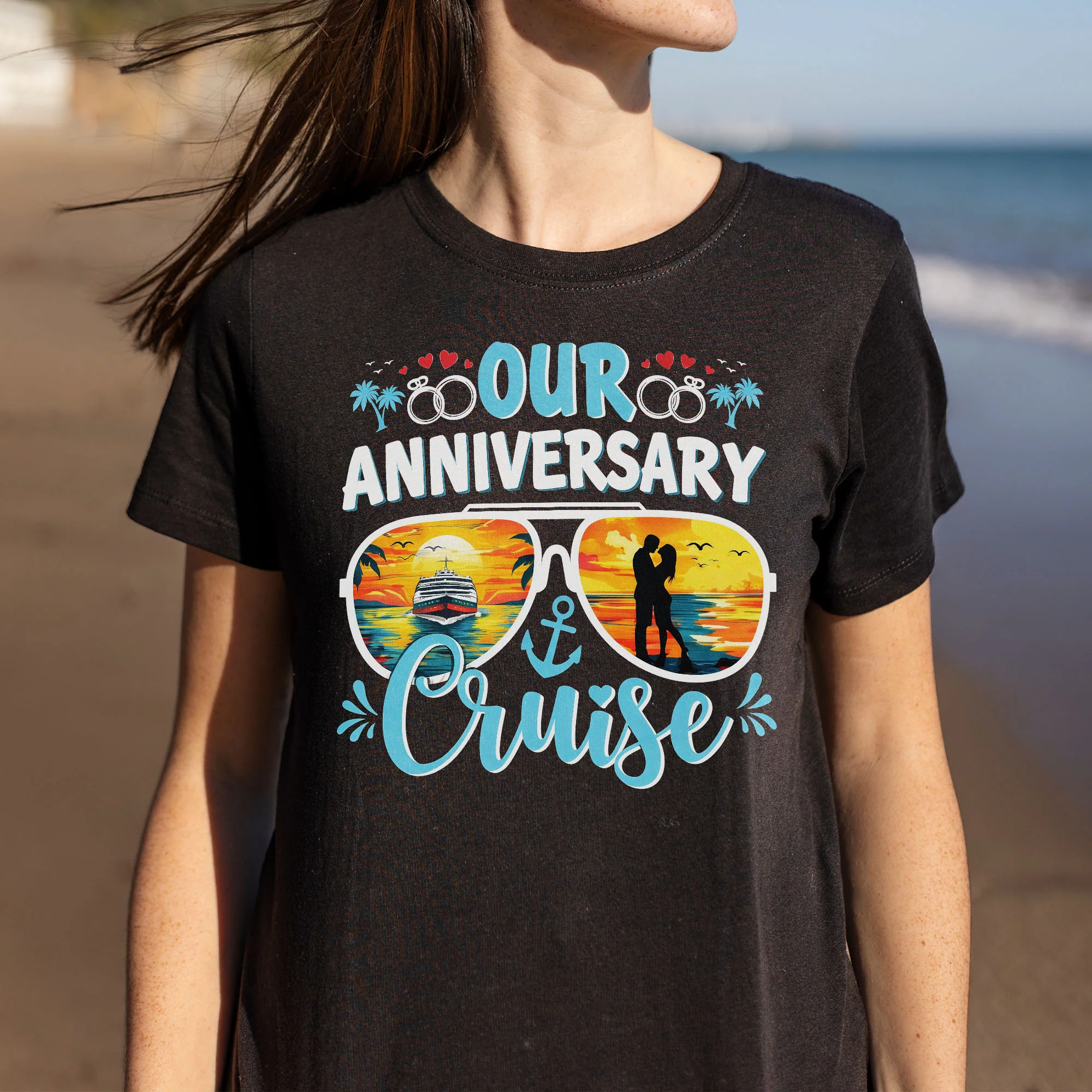 Our Anniversary Cruise Sunglasses Ship And Wedding Rings Design - Personalized Custom Unisex T-shirt, Hoodie - CPL1416_BBAS - Image 5