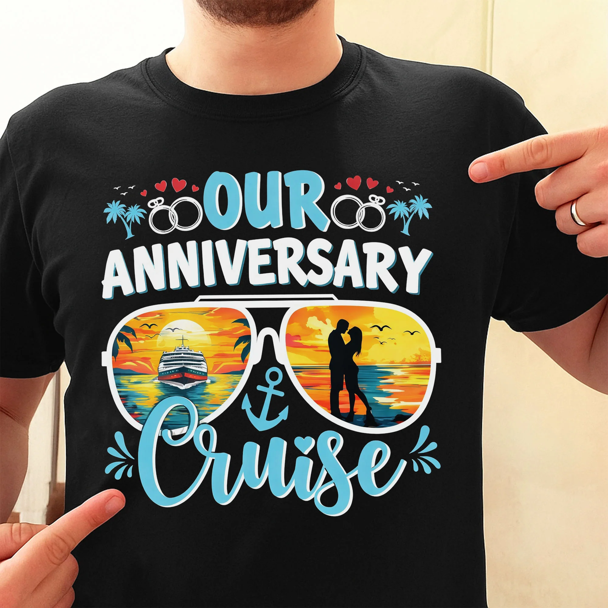 Our Anniversary Cruise Sunglasses Ship And Wedding Rings Design - Personalized Custom Unisex T-shirt, Hoodie - CPL1416_BBAS - Image 6