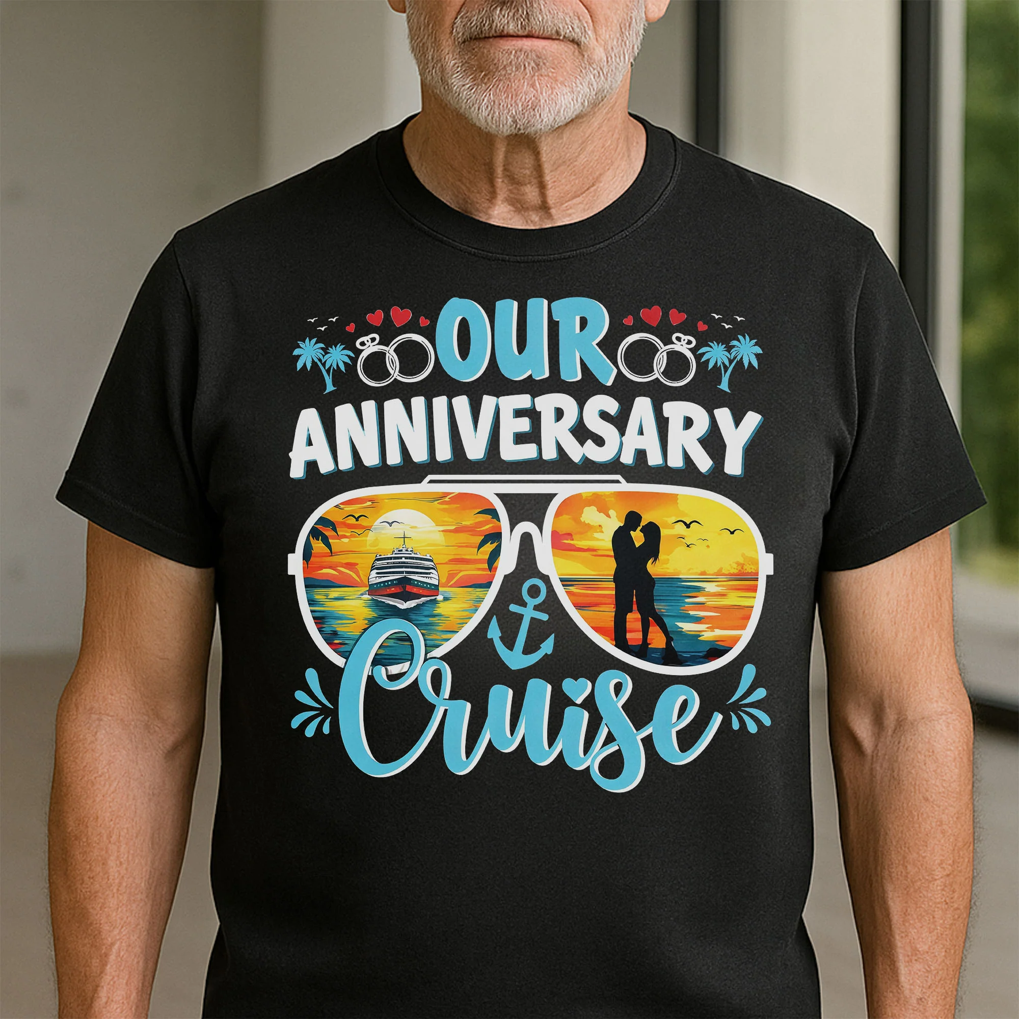 Our Anniversary Cruise Sunglasses Ship And Wedding Rings Design - Personalized Custom Unisex T-shirt, Hoodie - CPL1416_BBAS - Image 8