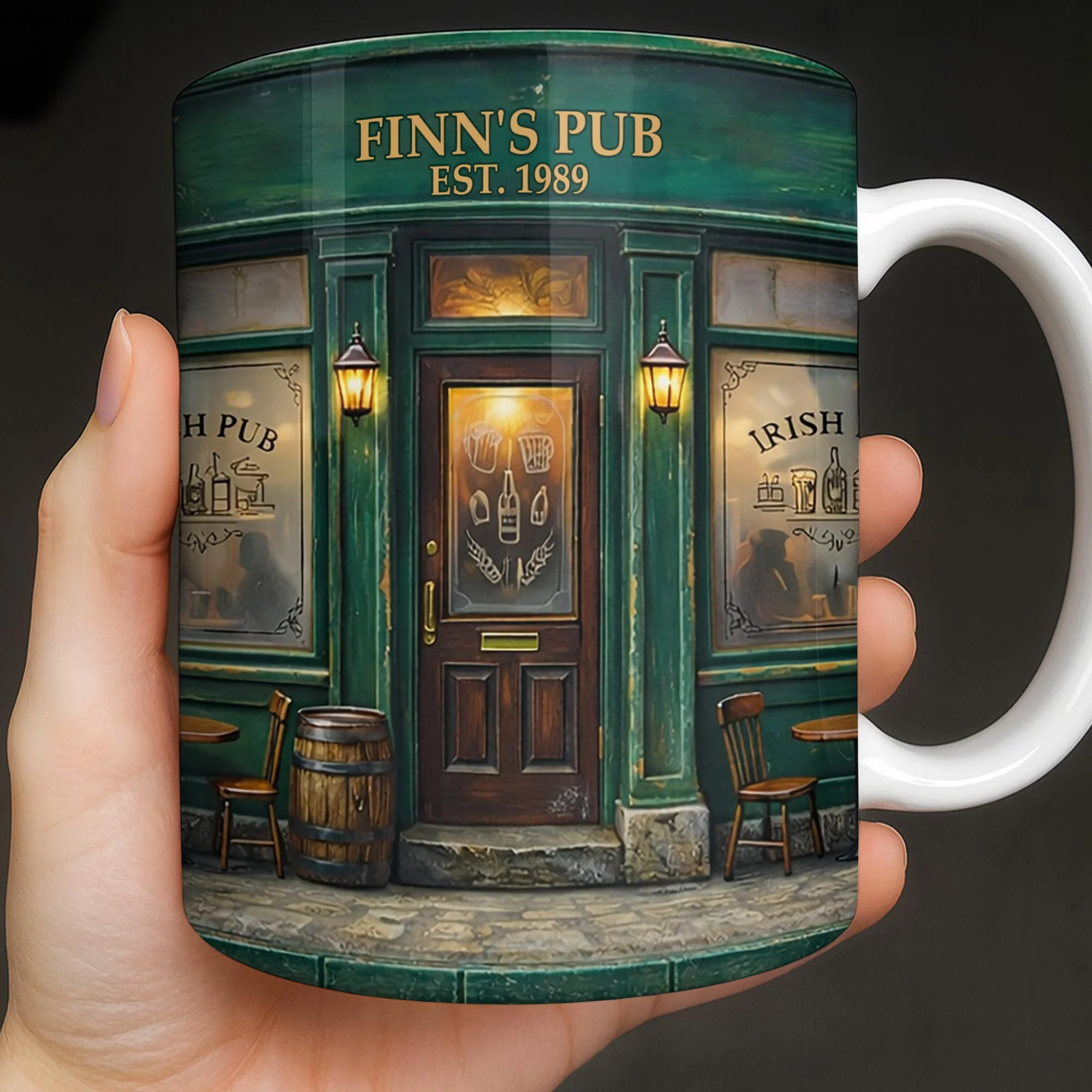 Our Pub Featuring Green Irish Pub Storefront With Barrel And Chairs - Personalized Custom Coffee Mug - FAM805_MG