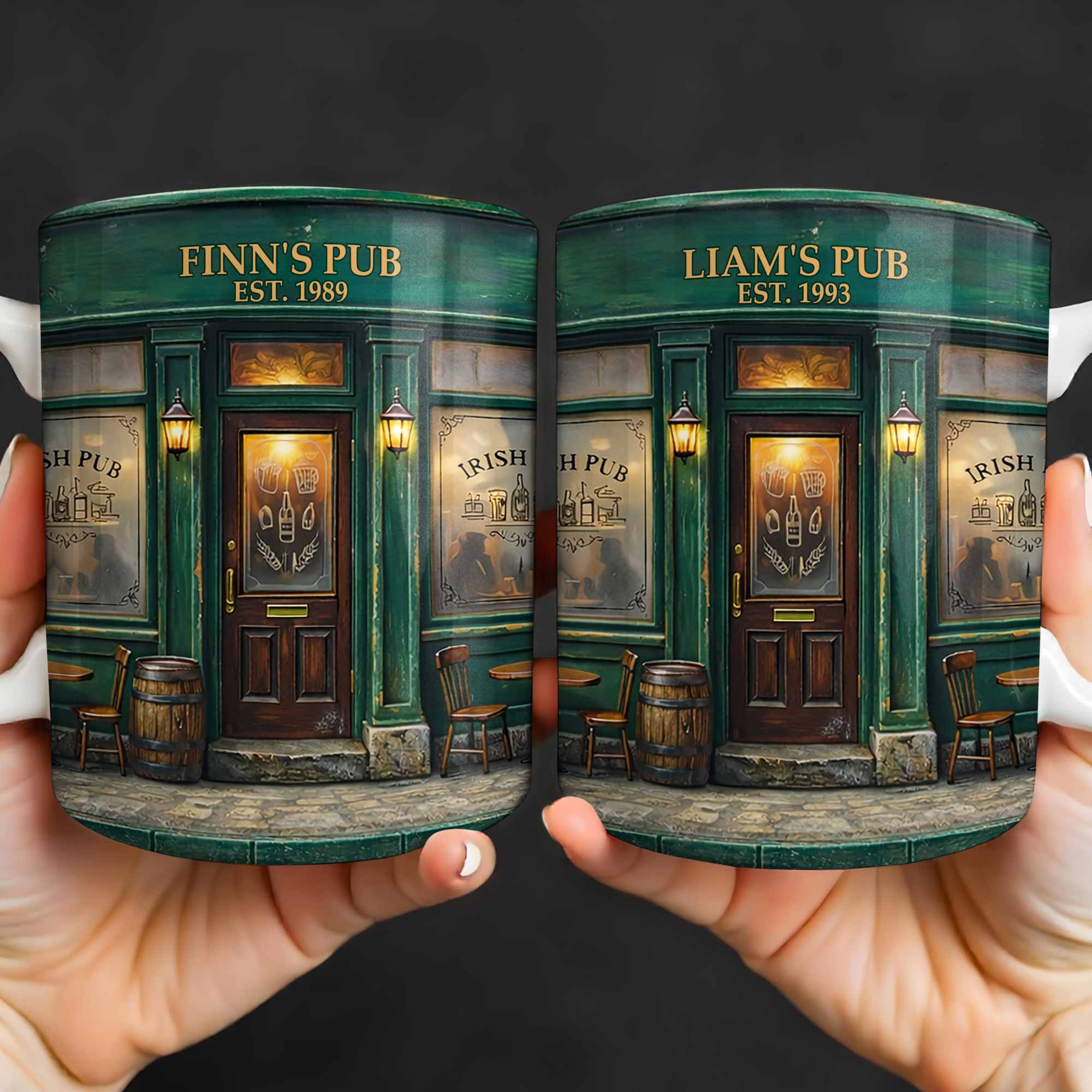 Our Pub Featuring Green Irish Pub Storefront With Barrel And Chairs - Personalized Custom Coffee Mug - FAM805_MG - Image 2