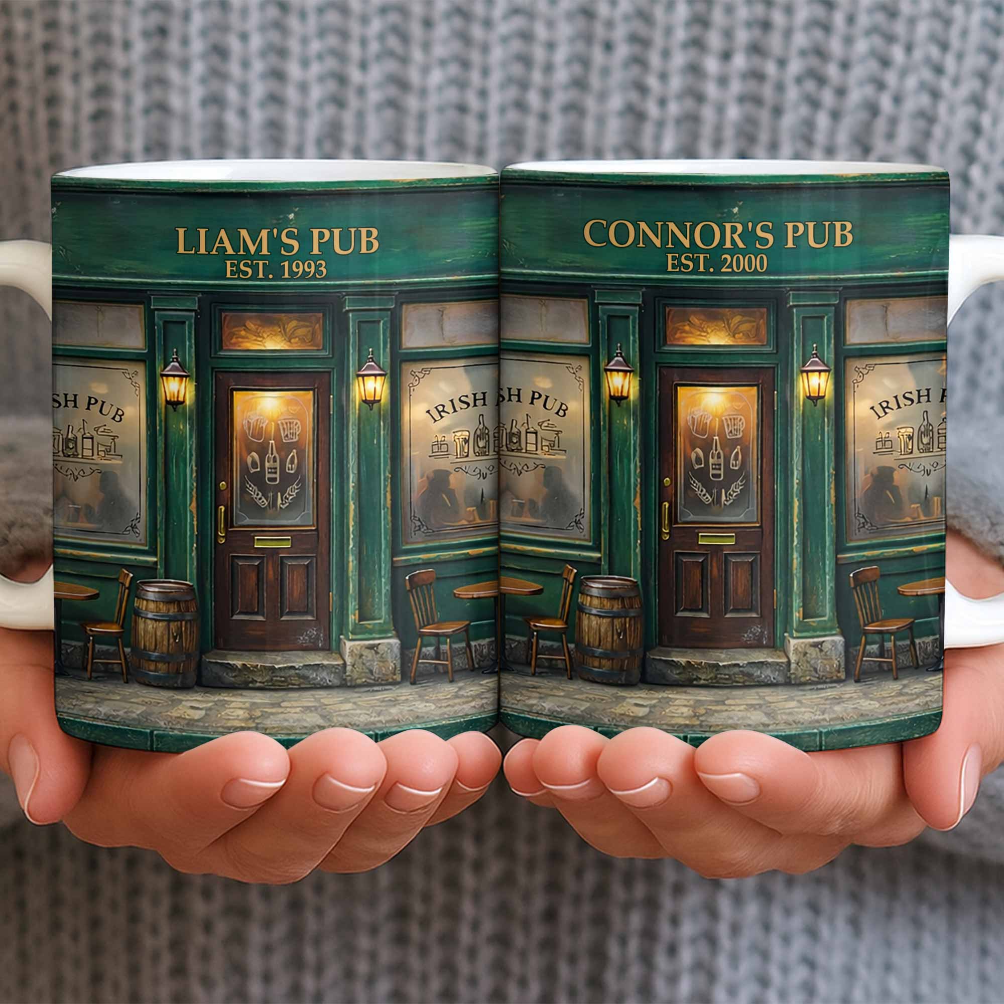Our Pub Featuring Green Irish Pub Storefront With Barrel And Chairs - Personalized Custom Coffee Mug - FAM805_MG - Image 6