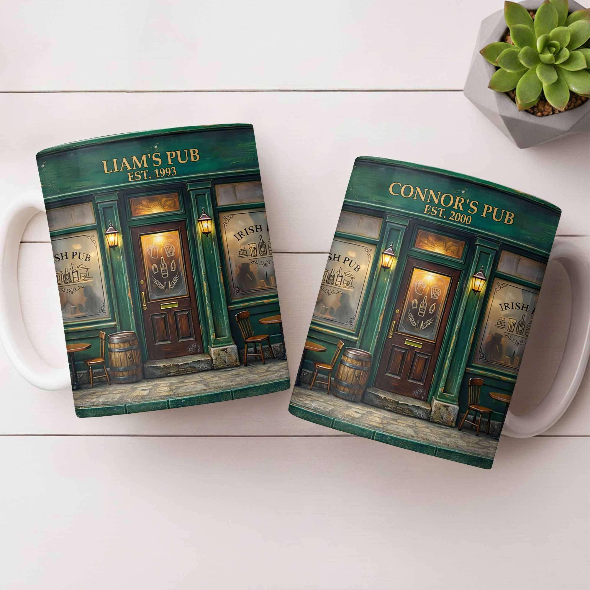 Our Pub Featuring Green Irish Pub Storefront With Barrel And Chairs - Personalized Custom Coffee Mug - FAM805_MG - Image 7