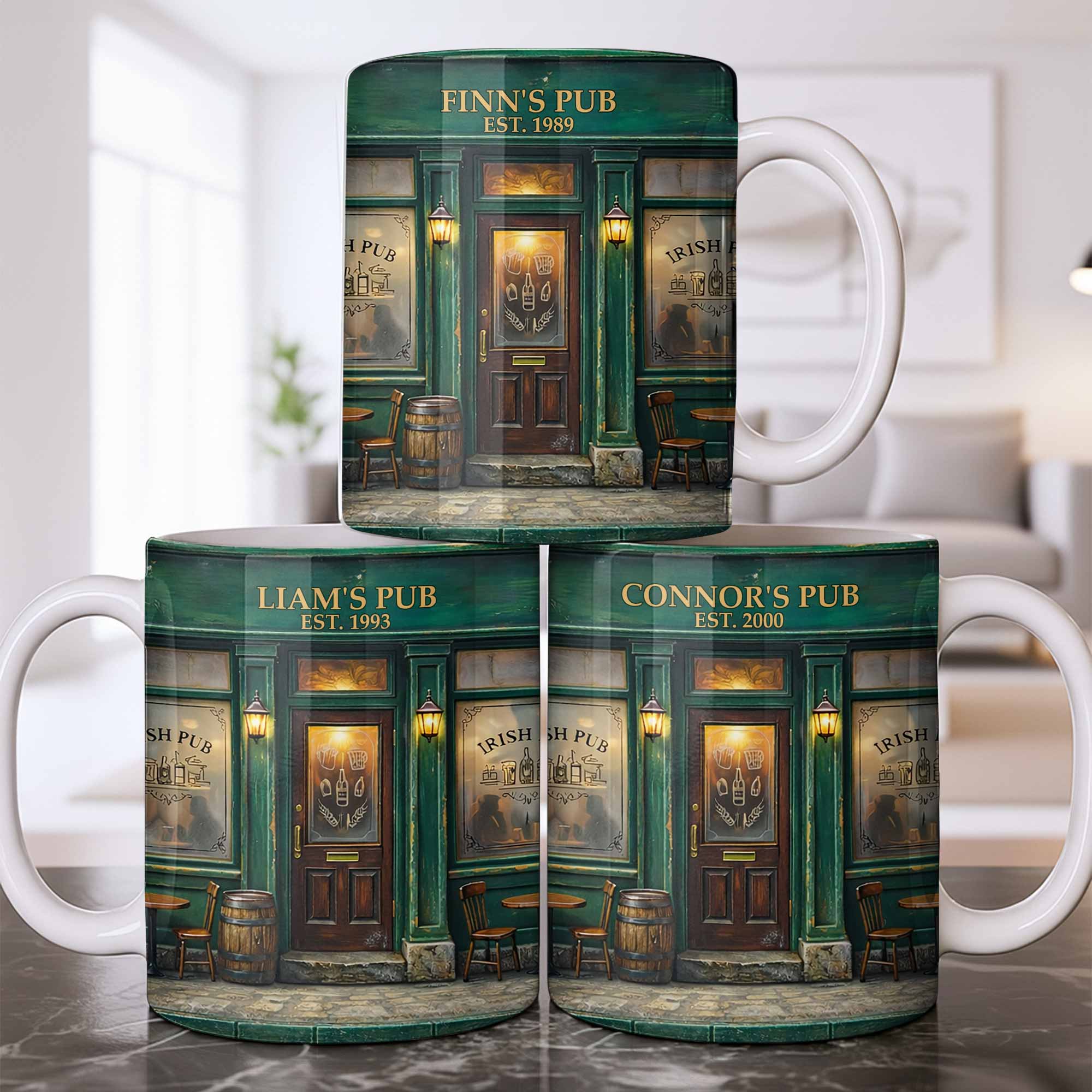 Our Pub Featuring Green Irish Pub Storefront With Barrel And Chairs - Personalized Custom Coffee Mug - FAM805_MG - Image 8