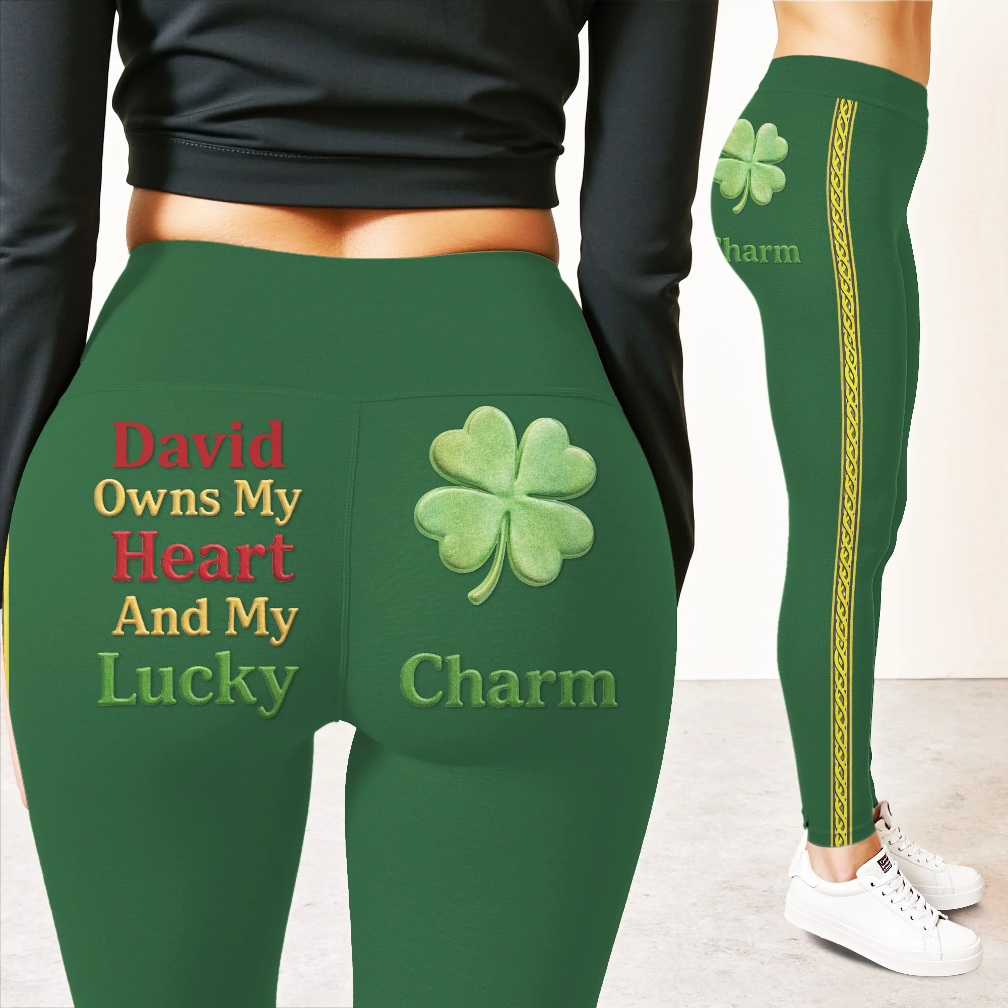 Owns My Heart And My Lucky Charm Four Leaf Clover - Personalized Women Leggings - HER006_WLEG - Image 3
