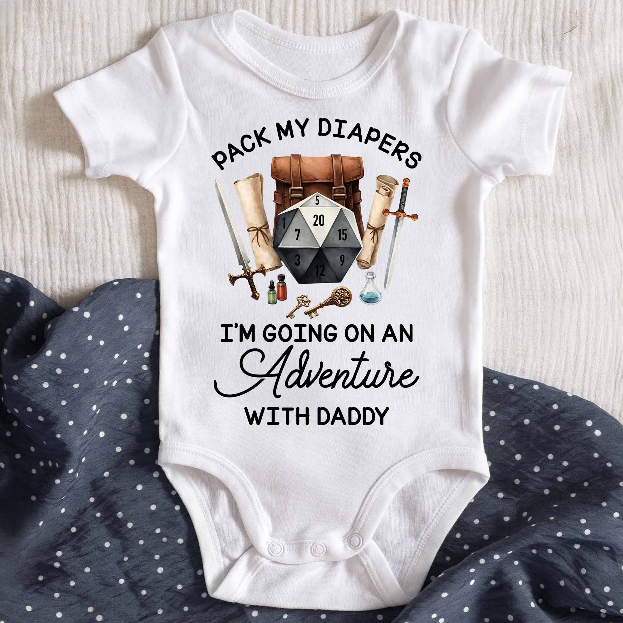 Pack My Diapers Adventure With Daddy Dice And Sword Design - Personalized Custom Baby Onesie - KID558_ONES - Image 3