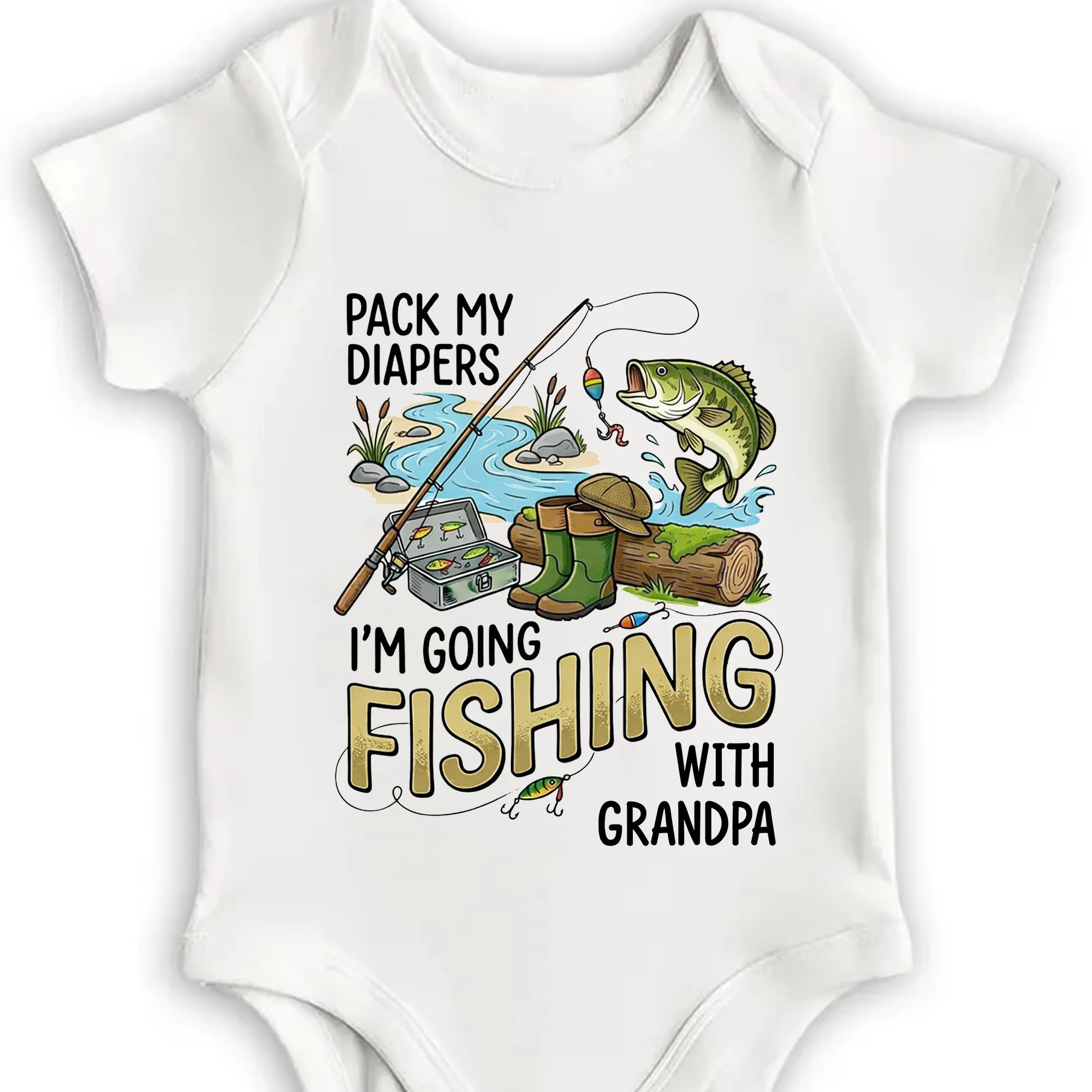 Pack My Diapers I'm Going Fishing With Grandpa Fishing Rod And Bass - Personalized Custom Baby Onesie - KID587_ONES - Image 4