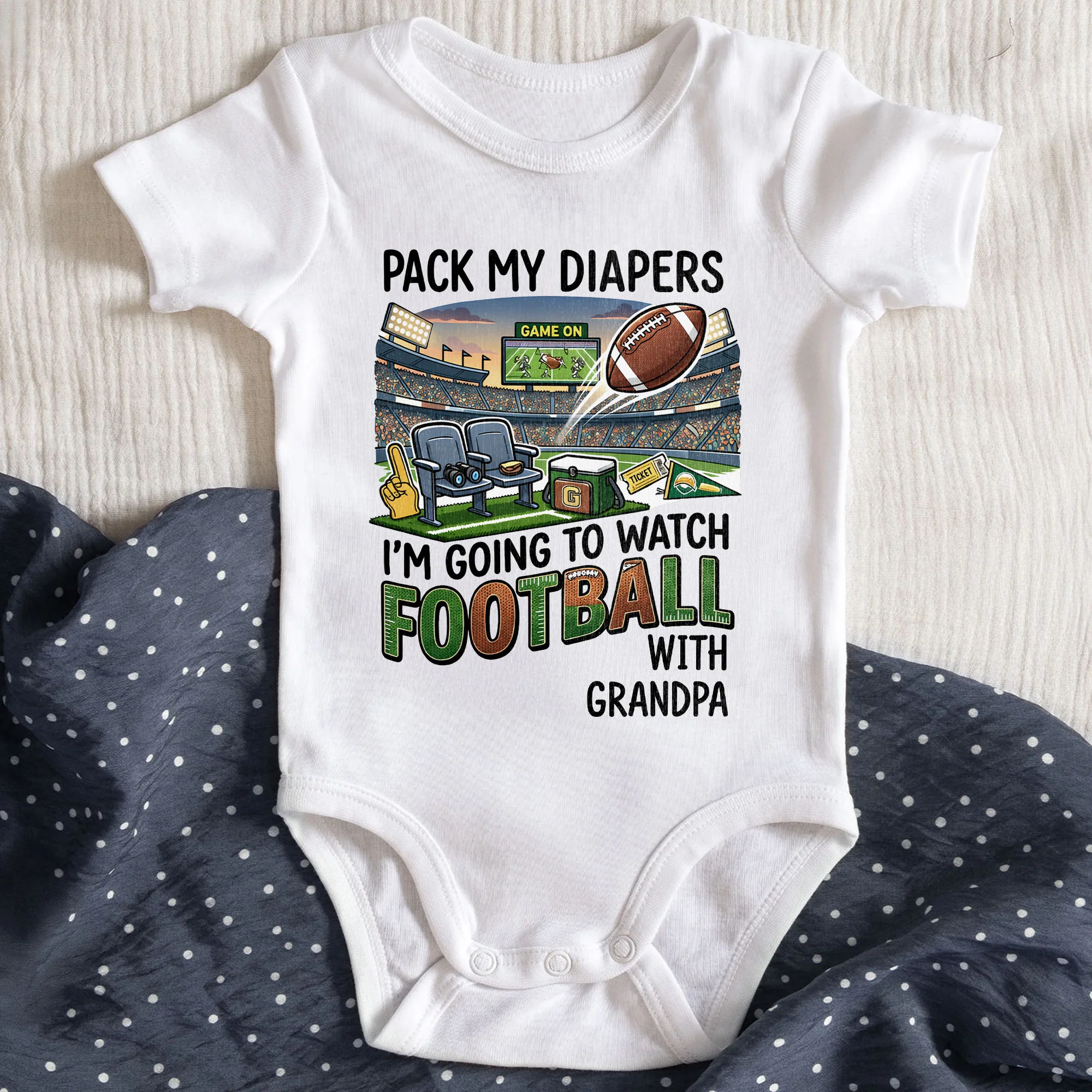 Pack My Diapers I'm Going To Watch Football With Grandpa Stadium Art - Personalized Custom Baby Onesie - KID593_ONES - Image 3