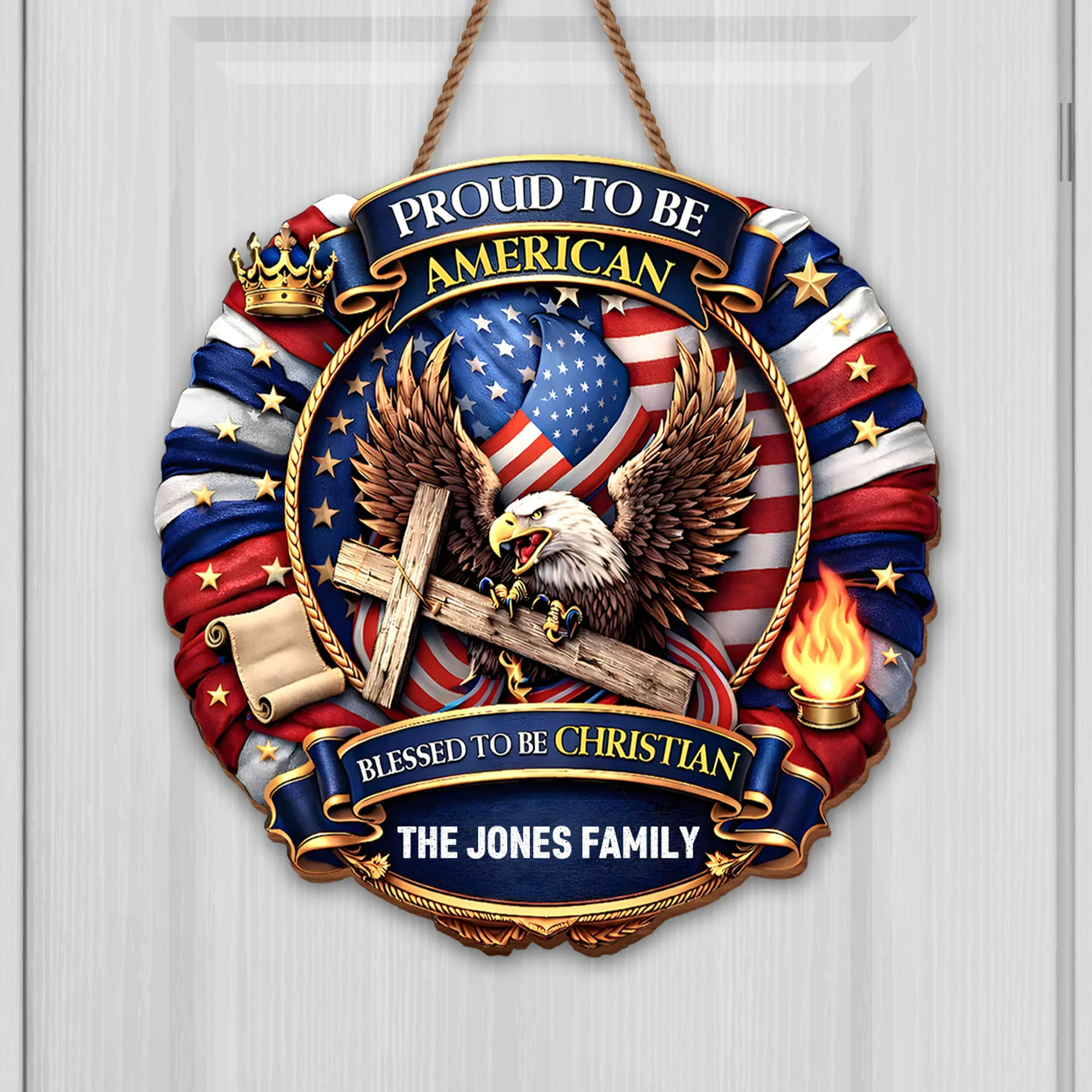 Proud To Be American Blessed To Be Christian Eagle Flag Cross - Personalized Custom Shaped Wood Sign - INDE093_WSIGN