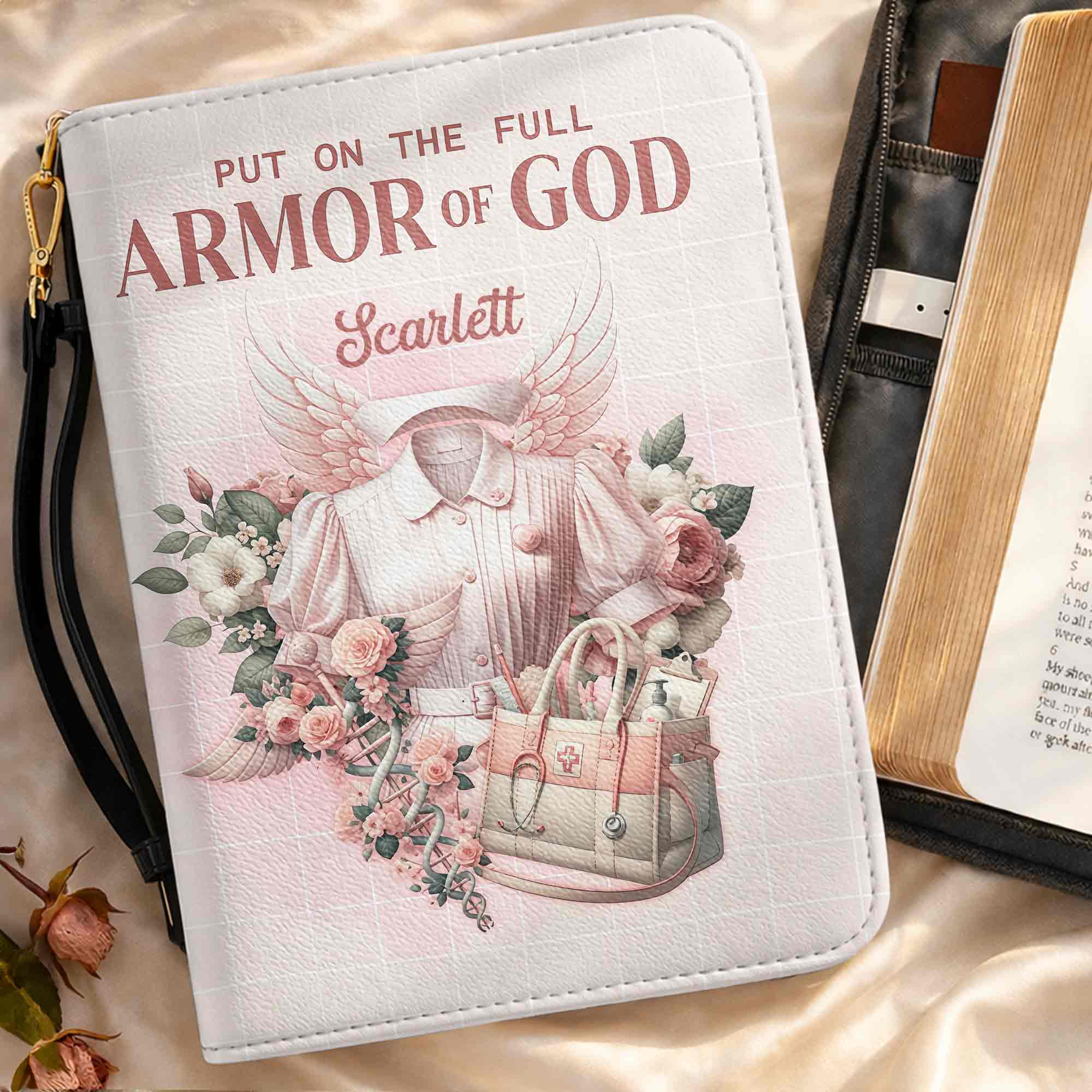 Put On The Full Armor Of God Nurse Uniform Wings And Flowers - Personalized Custom Bible Cover - FTH138_BIBCO