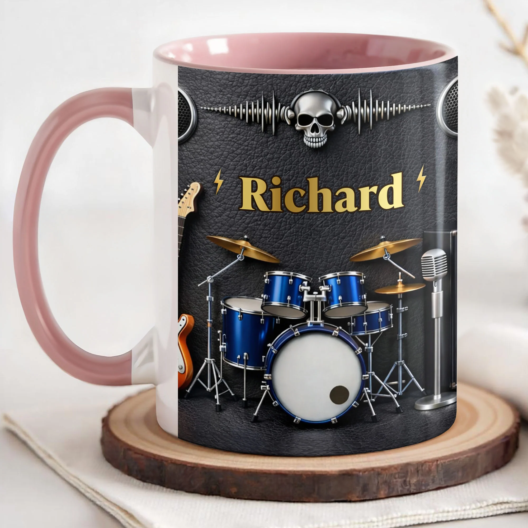 Rock On And Play Loud With Drums Skull And Guitar Design - Personalized Custom Accent Mug - MUSIC008_AMUG - Image 3