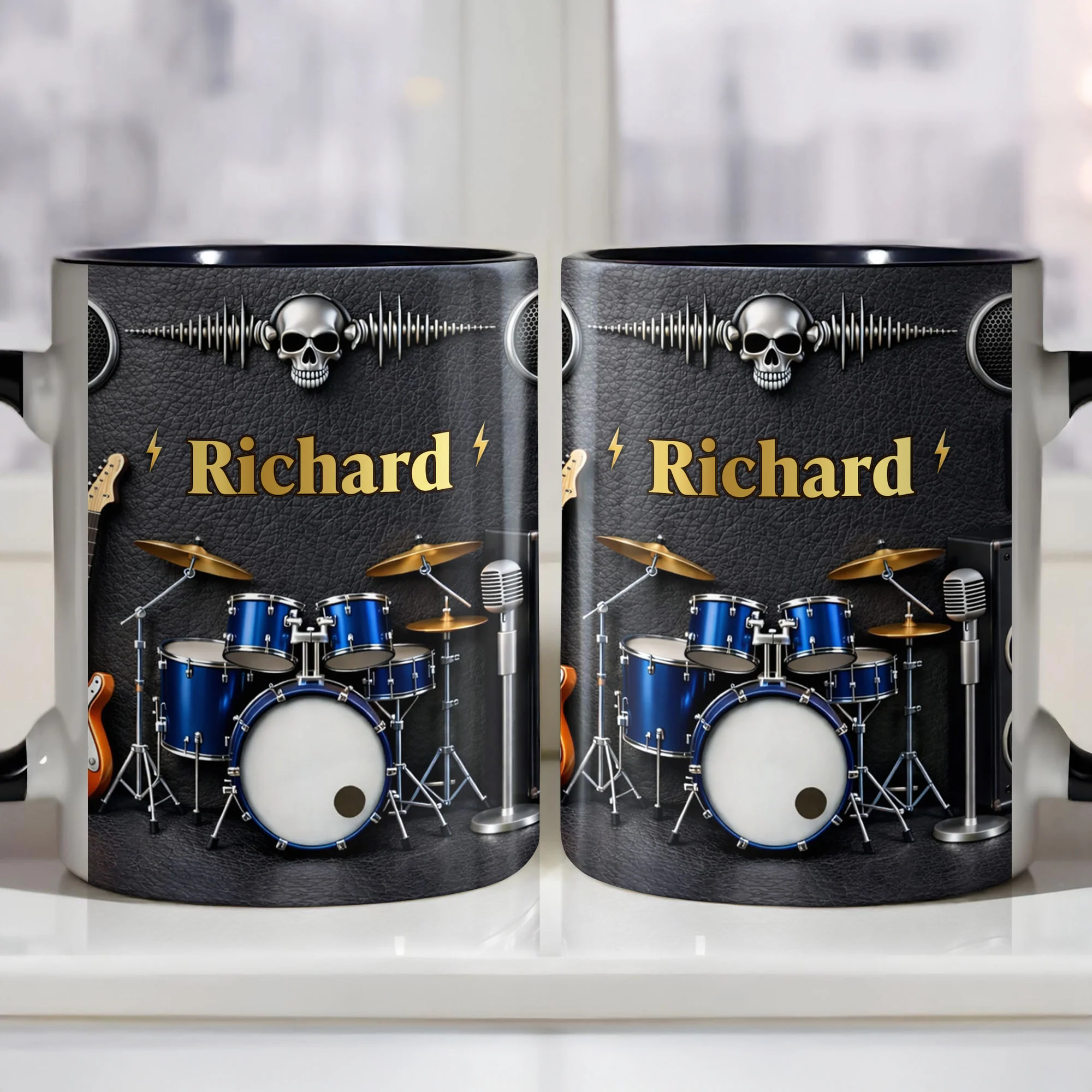Rock On And Play Loud With Drums Skull And Guitar Design - Personalized Custom Accent Mug - MUSIC008_AMUG - Image 4