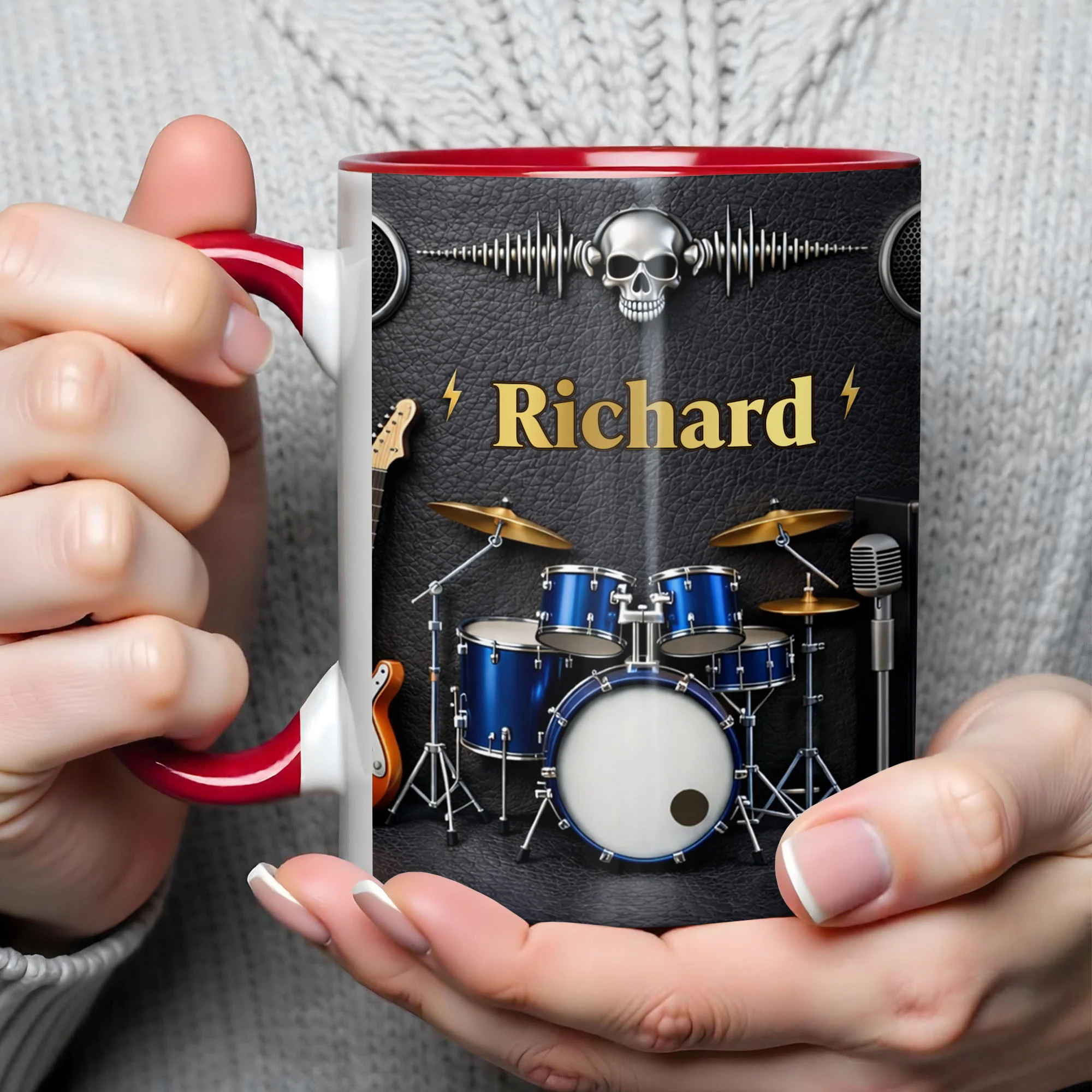 Rock On And Play Loud With Drums Skull And Guitar Design - Personalized Custom Accent Mug - MUSIC008_AMUG - Image 5