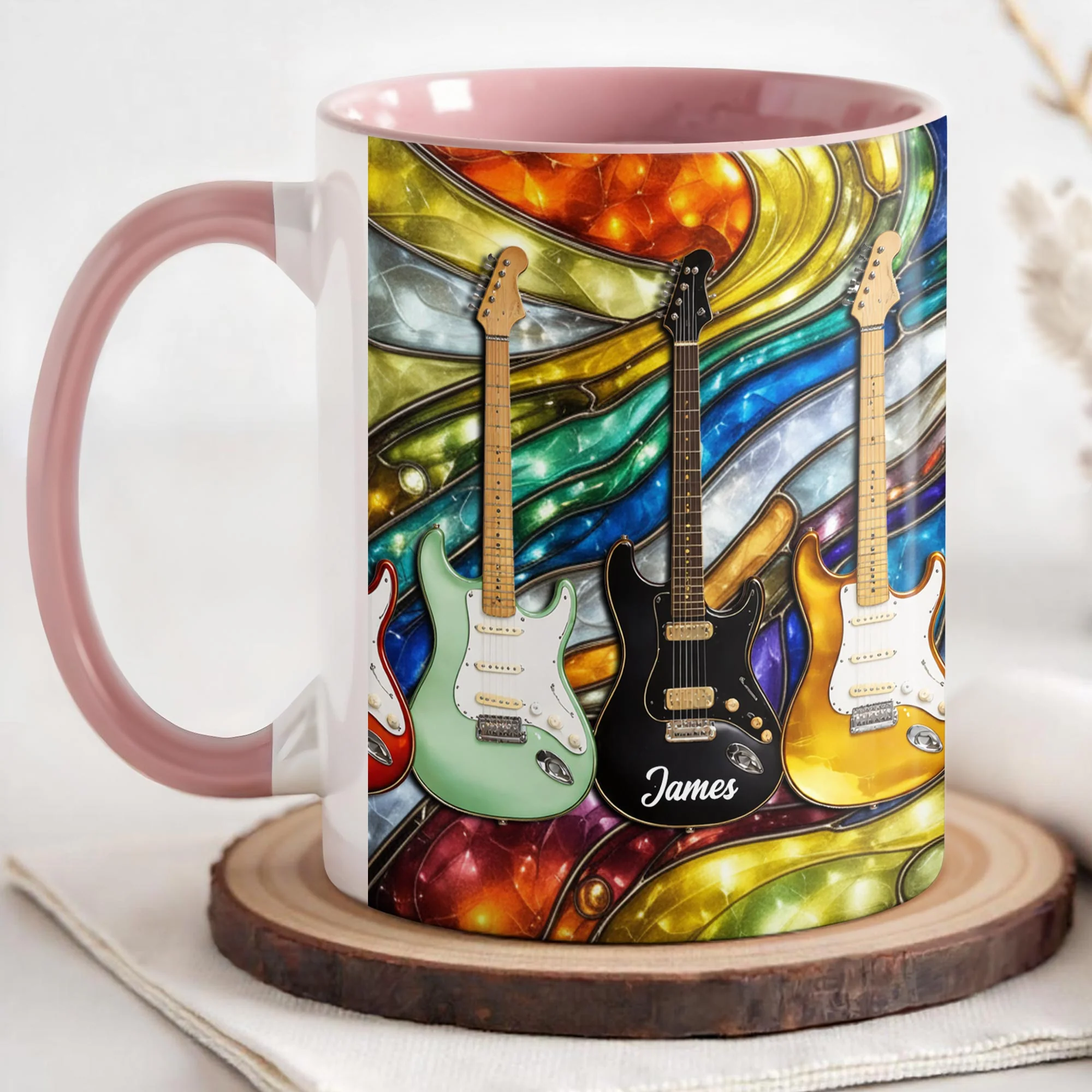 Rock On Vibrant Electric Guitars Stained Glass Style - Personalized Custom Accent Mug - MUSIC041_AMUG