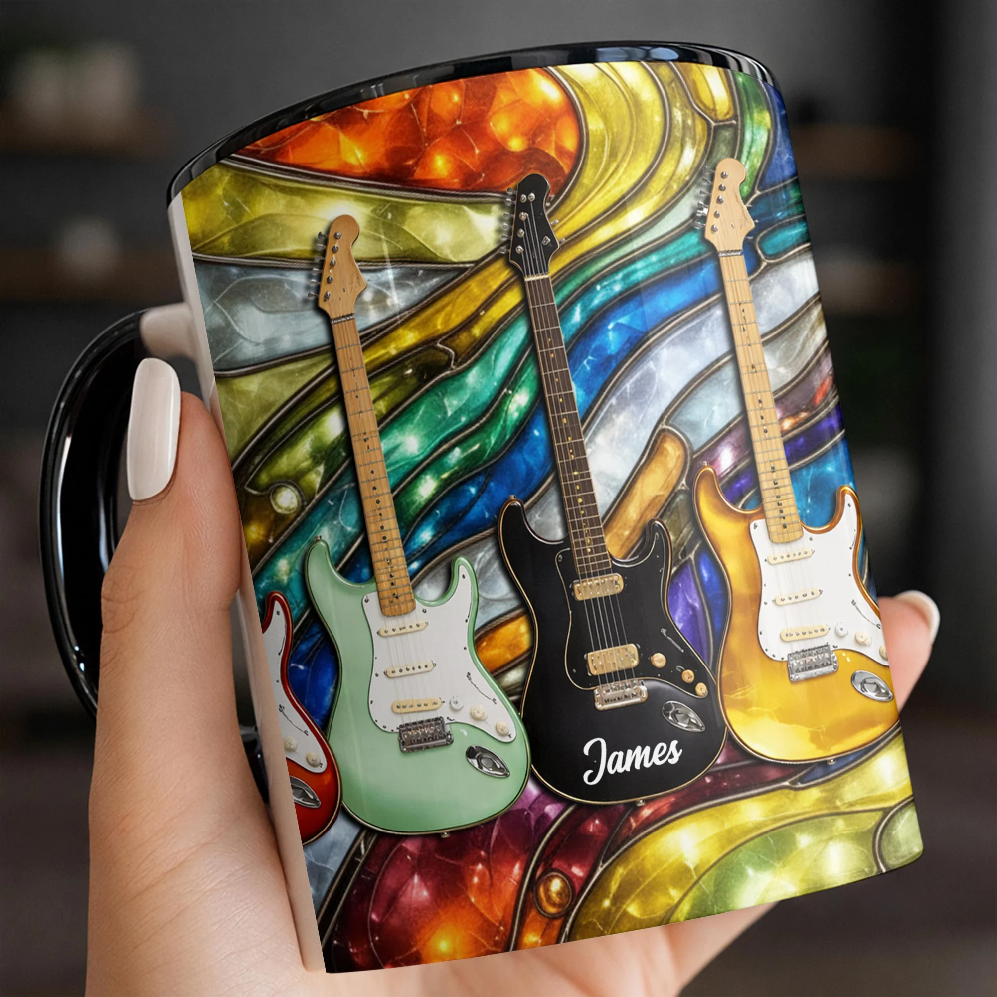 Rock On Vibrant Electric Guitars Stained Glass Style - Personalized Custom Accent Mug - MUSIC041_AMUG - Image 11