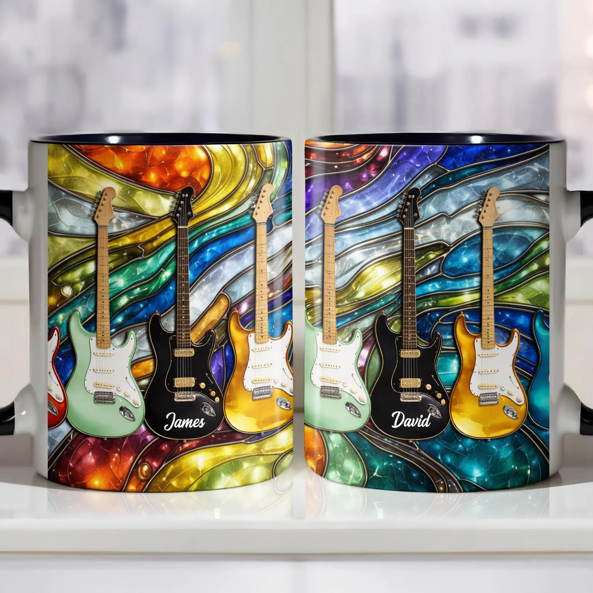 Rock On Vibrant Electric Guitars Stained Glass Style - Personalized Custom Accent Mug - MUSIC041_AMUG - Image 4