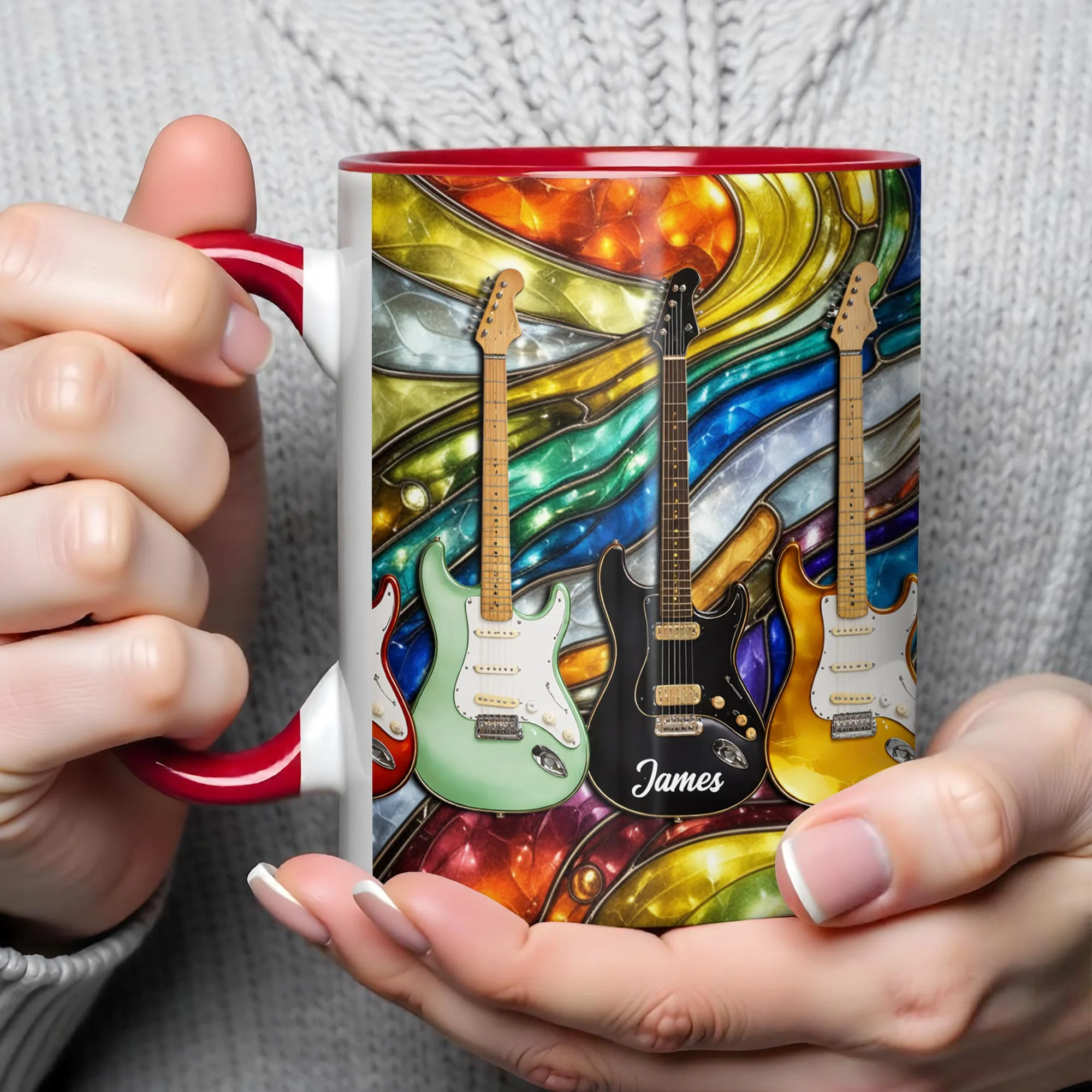 Rock On Vibrant Electric Guitars Stained Glass Style - Personalized Custom Accent Mug - MUSIC041_AMUG - Image 5