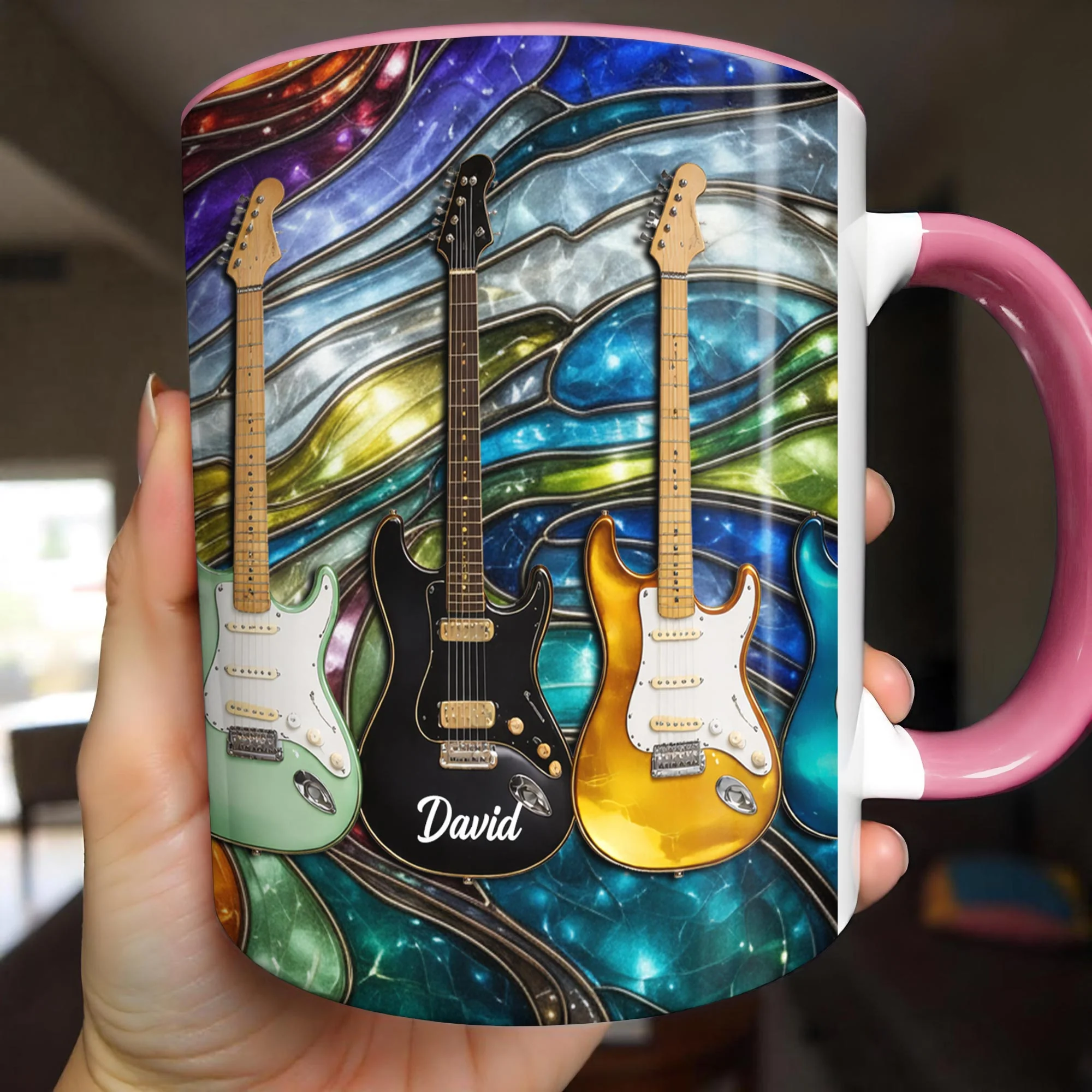 Rock On Vibrant Electric Guitars Stained Glass Style - Personalized Custom Accent Mug - MUSIC041_AMUG - Image 6