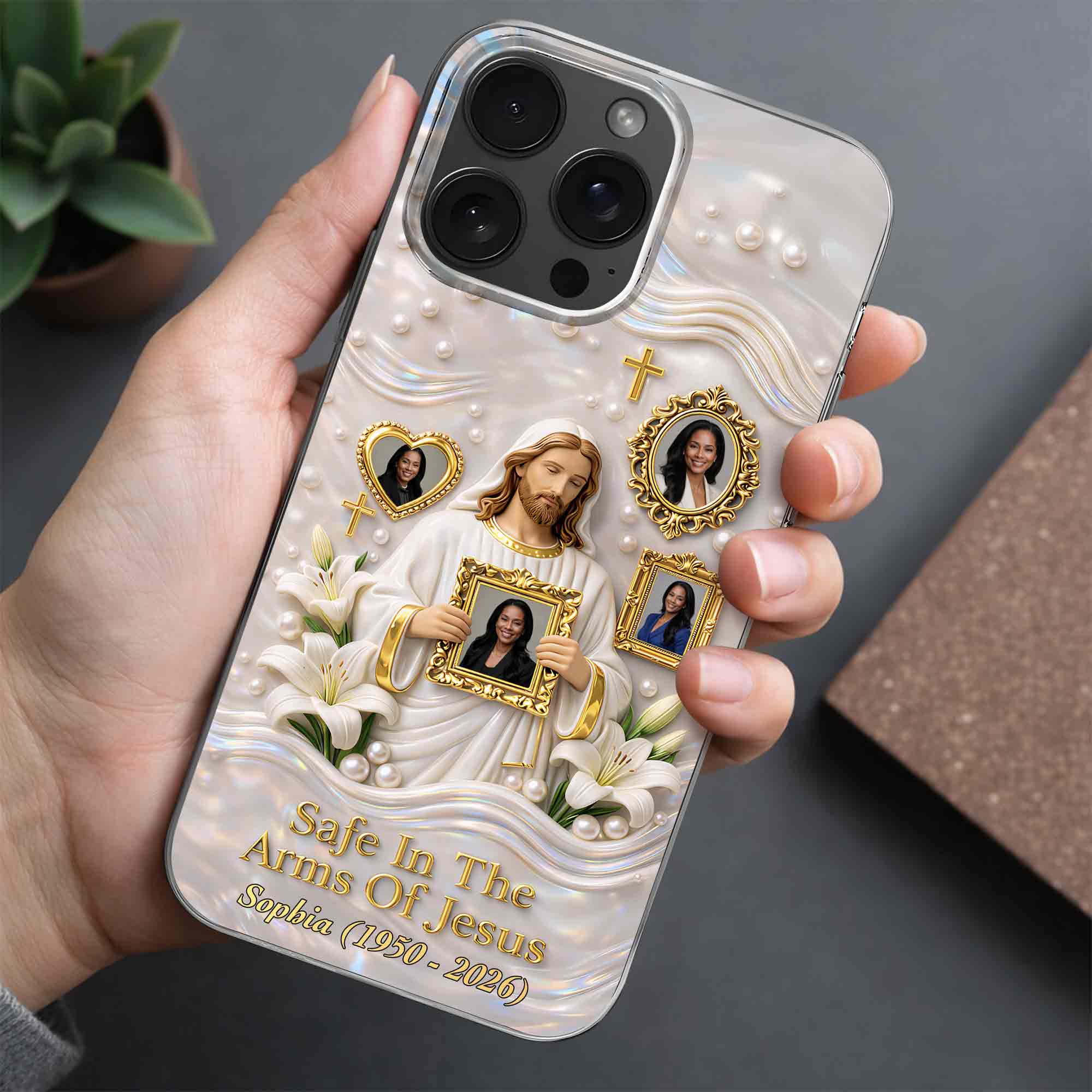 Safe In The Arms Of Jesus Memorial Case With Lilies And Cross - Personalized Clear Phone Case - HME530_PHC - Image 5