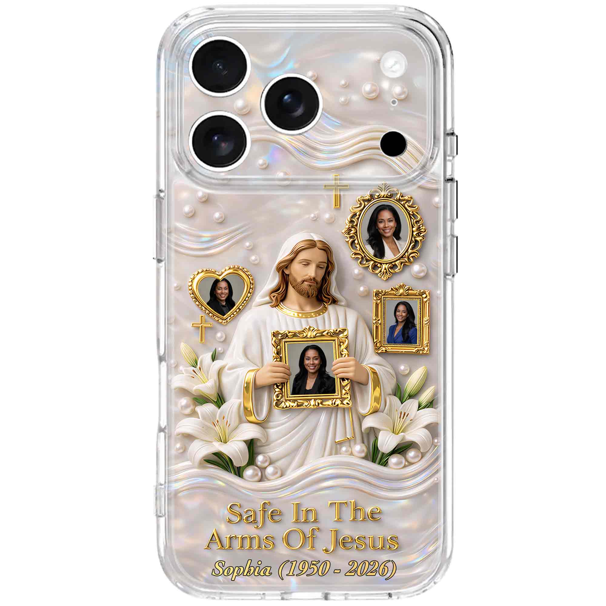 Safe In The Arms Of Jesus Memorial Case With Lilies And Cross - Personalized Clear Phone Case - HME530_PHC - Image 7