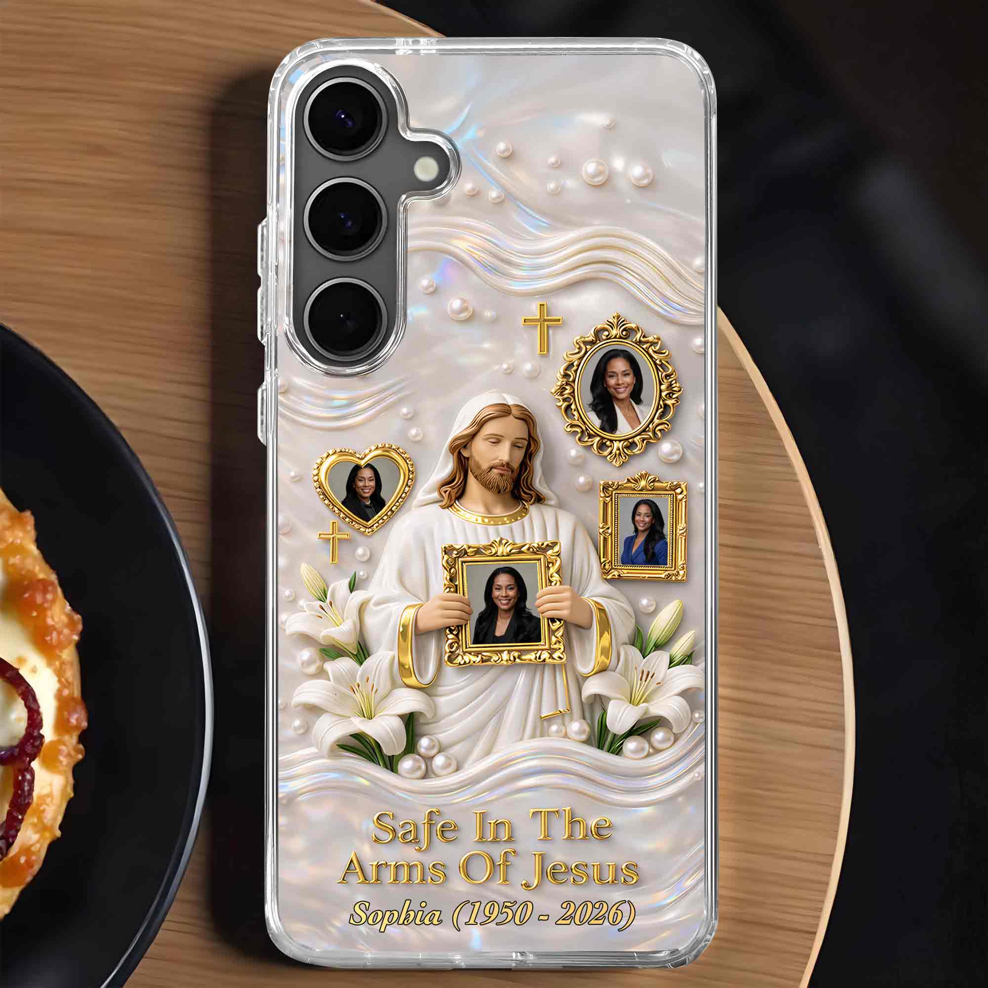 Safe In The Arms Of Jesus Memorial Case With Lilies And Cross - Personalized Clear Phone Case - HME530_PHC - Image 8
